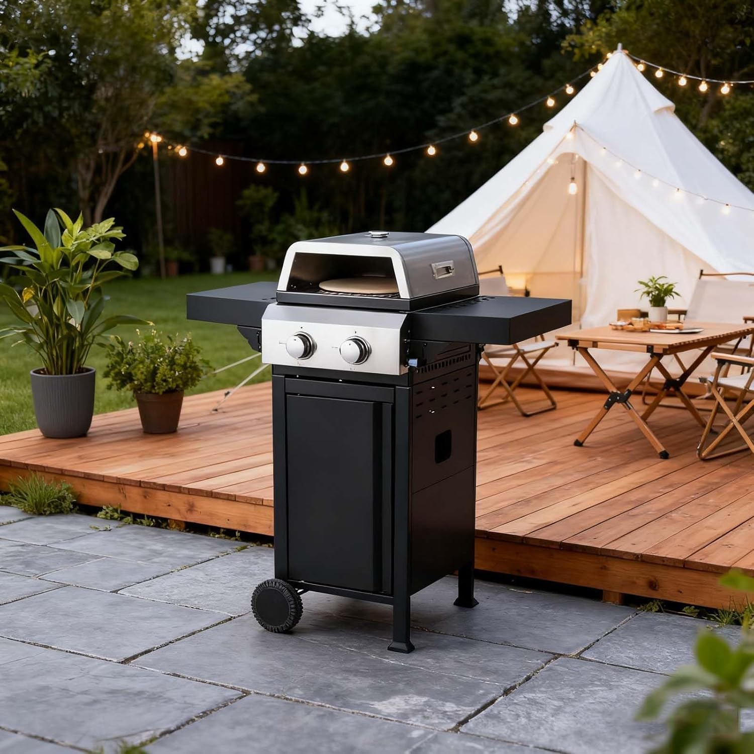 2-Burner Propane Gas Grill, 24600BTU BBQ With Pizza Box & Wire Enamel Grids, Stainless Steel Grills For Outdoor Cooking - Foldable Side Table & Hanging Basket