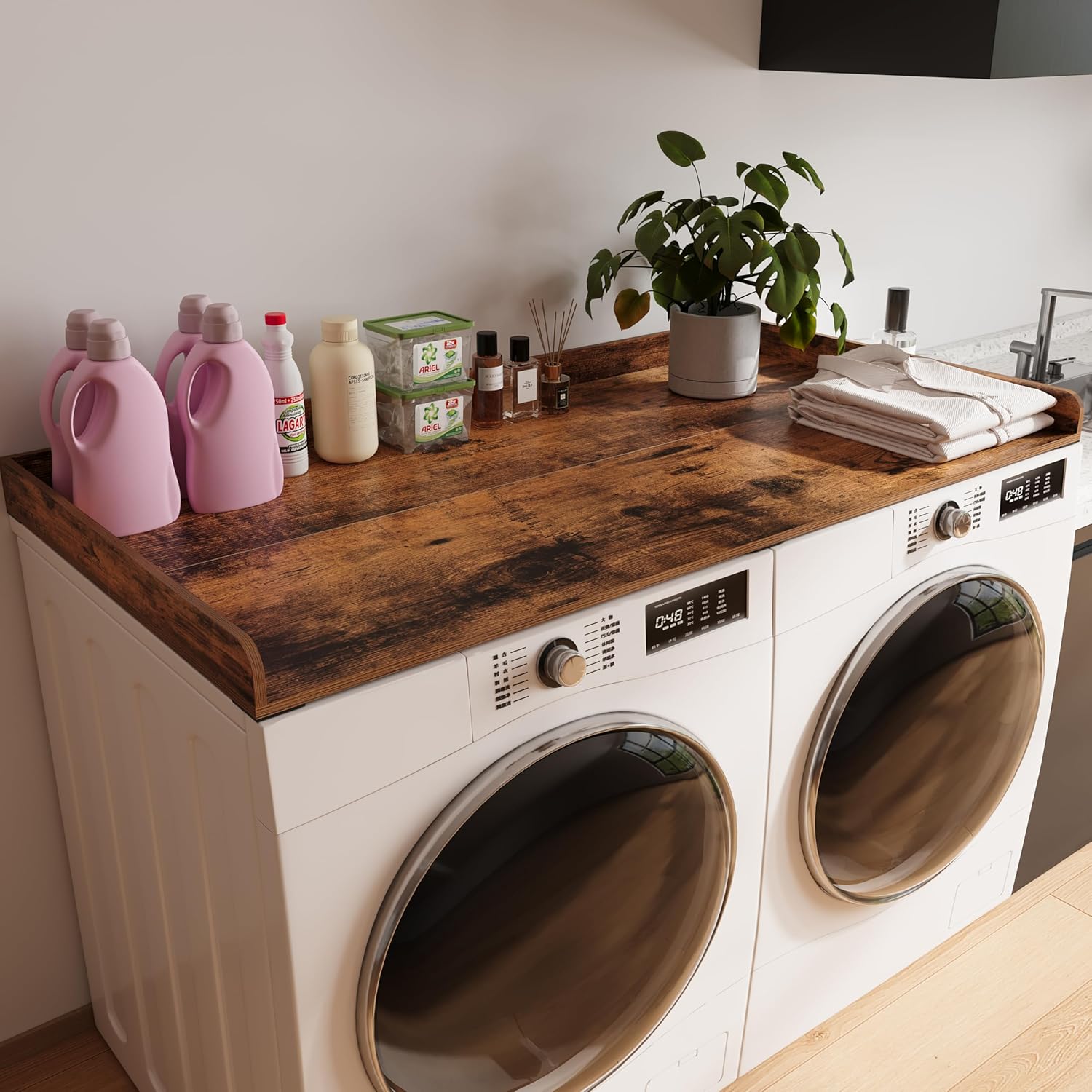 Washer Dryer countertop with Edge Rails and Non-Slip Mat,Wooden Laundry Countertop for Laundry Room Storage Organization (Rustic Brown, Full)