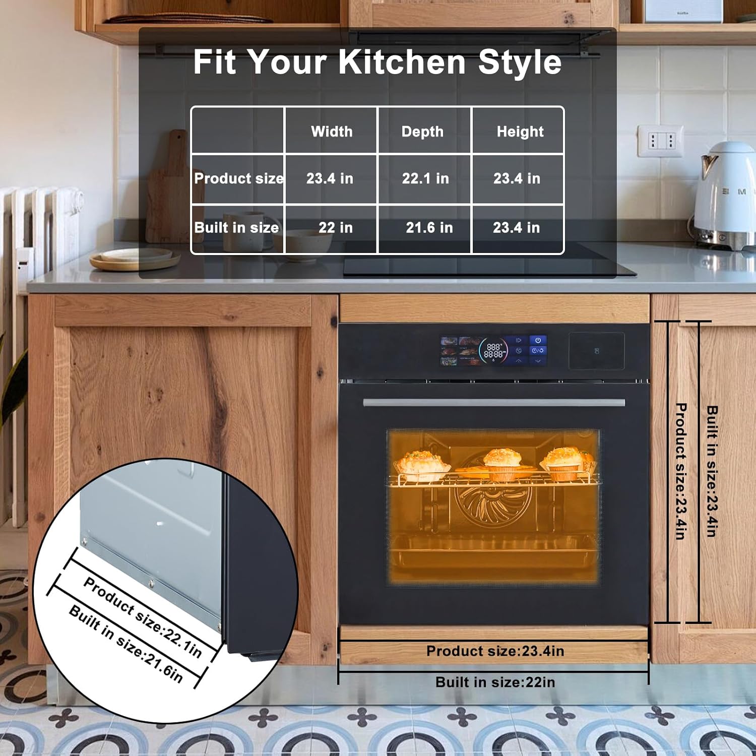 Single Wall Oven, 2.5 Cu.ft Smart Oven with Color LED Display Touch Control, 24
