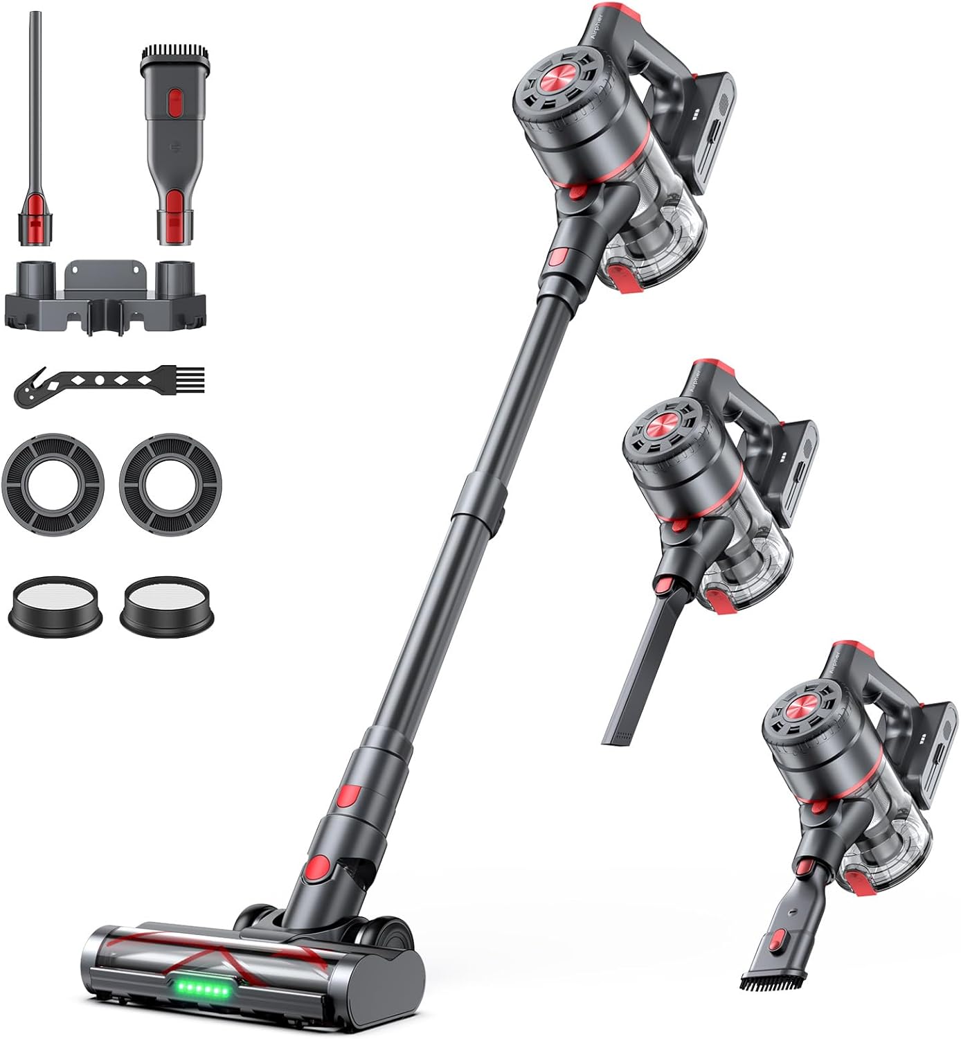 Cordless Vacuum Cleaner, 580W 60KPA Dual Motor Stick Vacuum for Home with 60mins Runtime, 6 LED Green Headlights, Self-Standing Design, V-Shaped Floor Brush for Carpet Tile Pet Hair Hardwood Floors