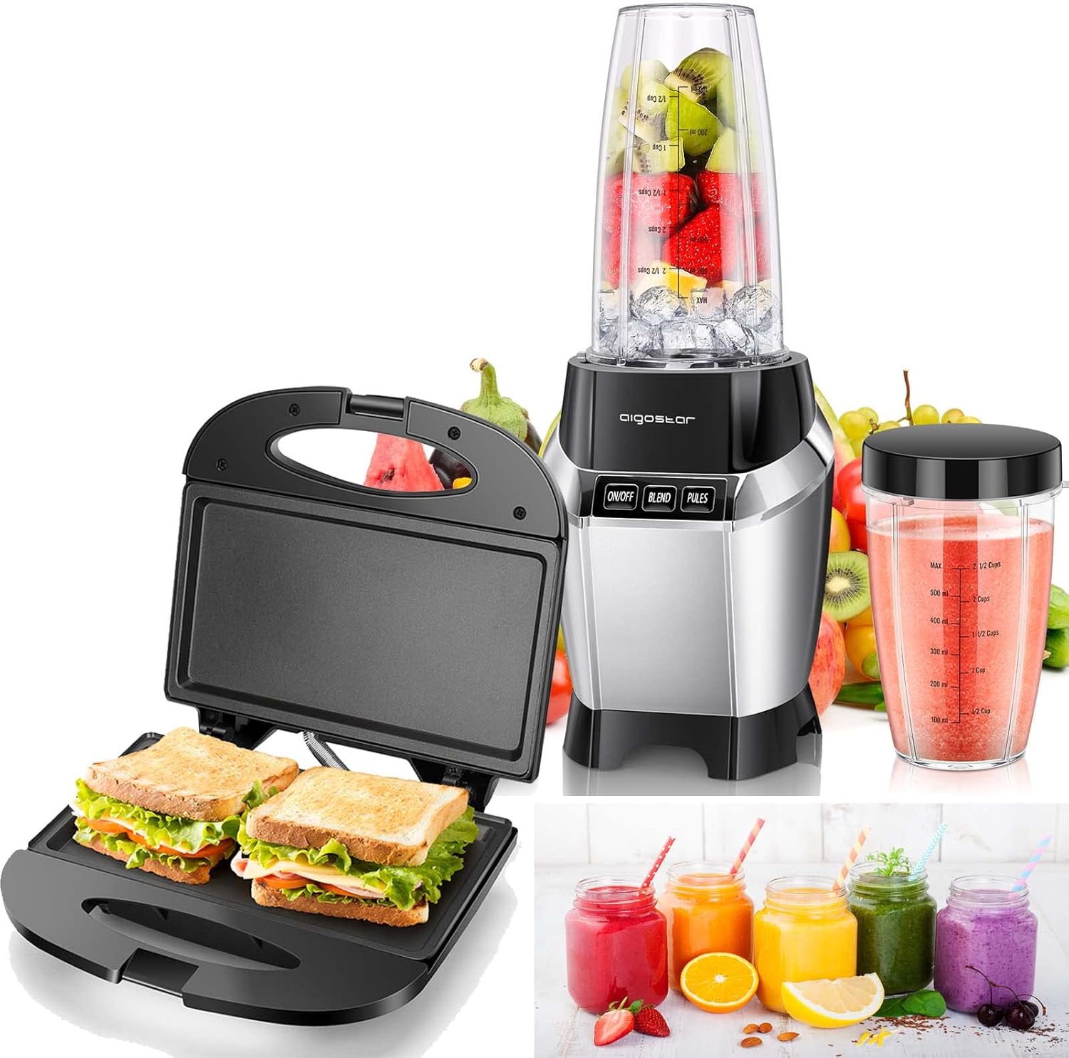 Aigostar Sandwich Maker with Non-stick Cooking, 1000W Bullet Blender for Shakes and Smoothies Personal Blender for Kitchen, Smoothie Blender Juice Blender for Crushing Ice Puree Frozen Fruit, Countert