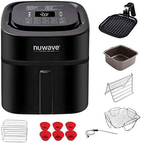 Nuwave Brio 6-Quart Healthy Digital Smart Air Fryer with Probe One-Touch Digital Controls, Advanced Cooking Functions, Removable Divider Insert & Grill Pan (NEW ACCESSORY),Black