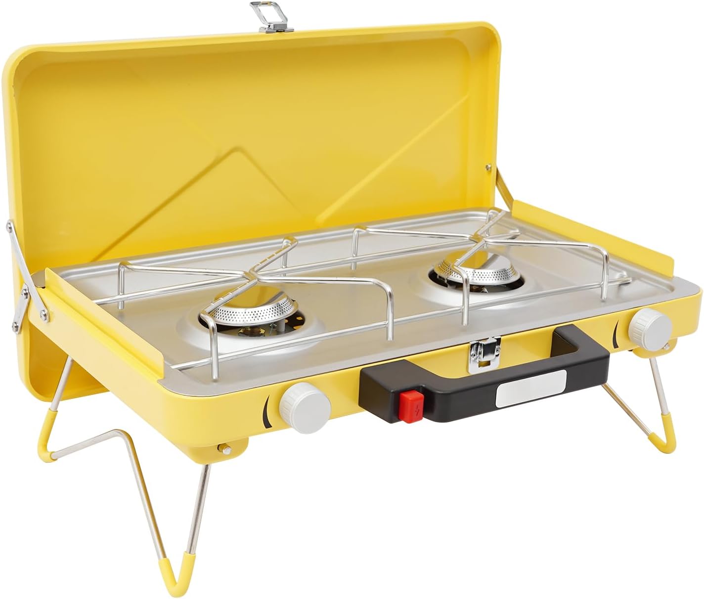 2-Burner Camping Propane Stove with Tray, Portable Outdoor Grill Stove Foldable Tabletop Gas Cooking Lightweight Barbecue Grills for Tailgating Backyard BBQ (Yellow)
