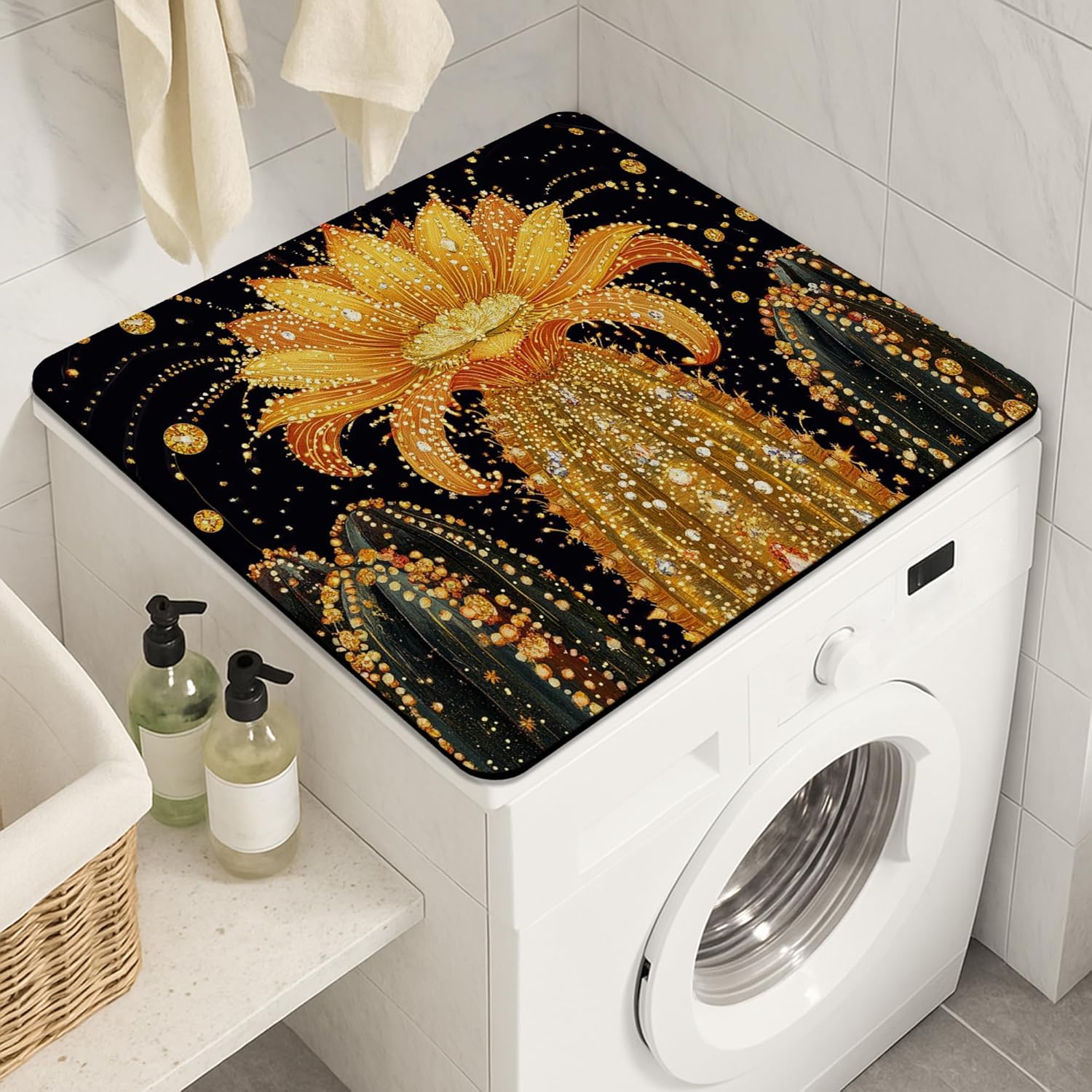 Cactus Washer Dryer Top Protector Mat, Vibrant Desert Floral Laundry Machine Dust Covers, Spring Rubber Anti-slip Waterproof Washer And Dryer Mats for Laundry Room 24x24 Inch