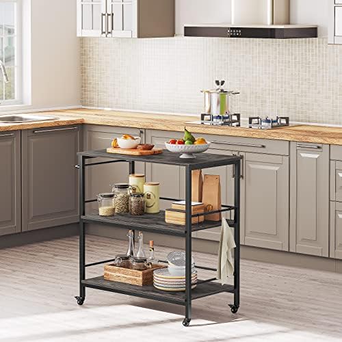 HOOBRO Kitchen Island with Storage,Industrial Kitchen Island on Wheels and Side Enclosures, 3 Tier Kitchen Cart with Large Workstation, Stable, Easy Assembly, Charcoal Gray and Black BC03ZD01