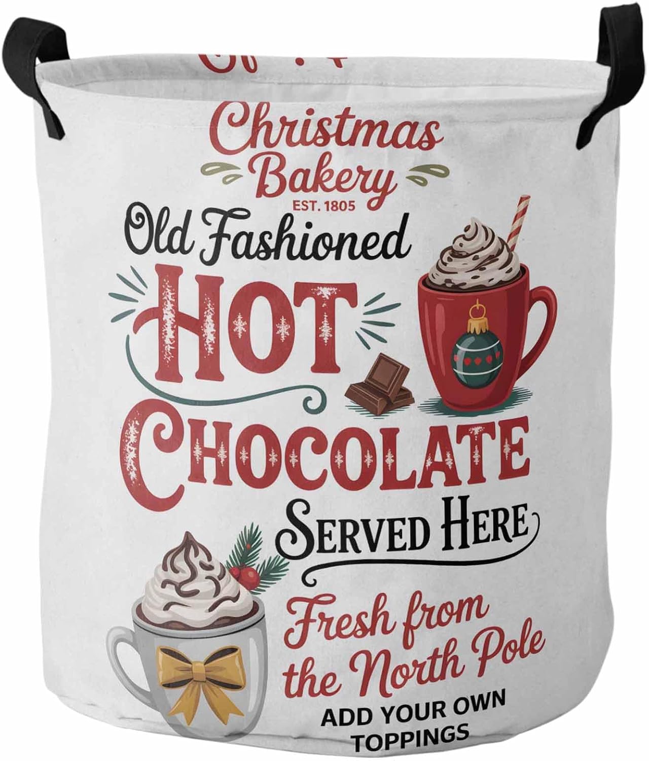 Collapsible Laundry Basket - 16.5 x 17 In Christmas Storage Bin Laundry Hamper with Handles, Hot Coco Merry Christmas Waterproof Clothes Baskets for Bedroom/Kids Room