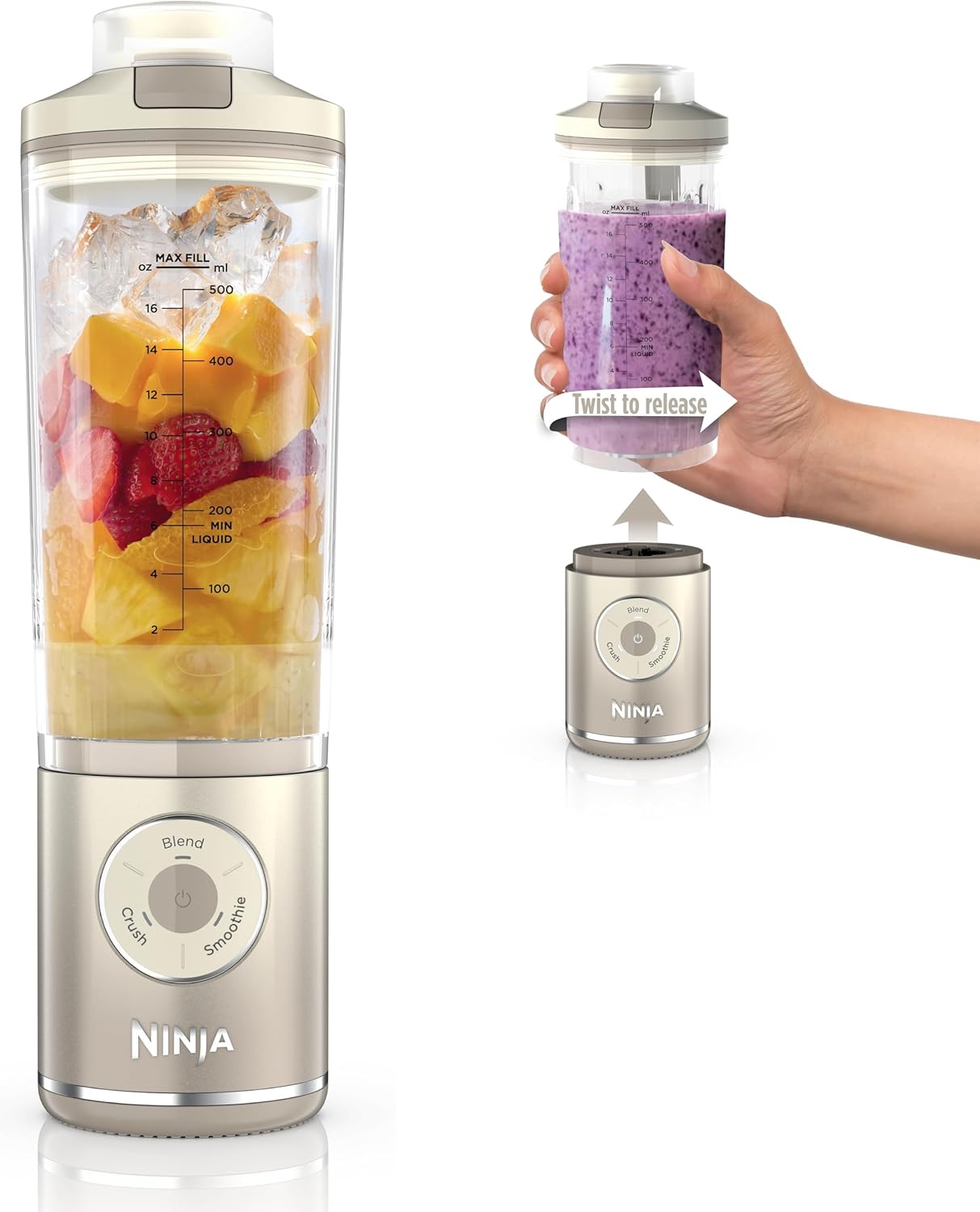 Ninja Blast Max, Portable Blender + Twist & Go, Personal Ninja Blender, Smoothie, Blend, Ice Crush, 3 Programs, Cordless, 22 oz removable Vessel, Dishwasher Safe, Leakproof, Cream, BC251IV