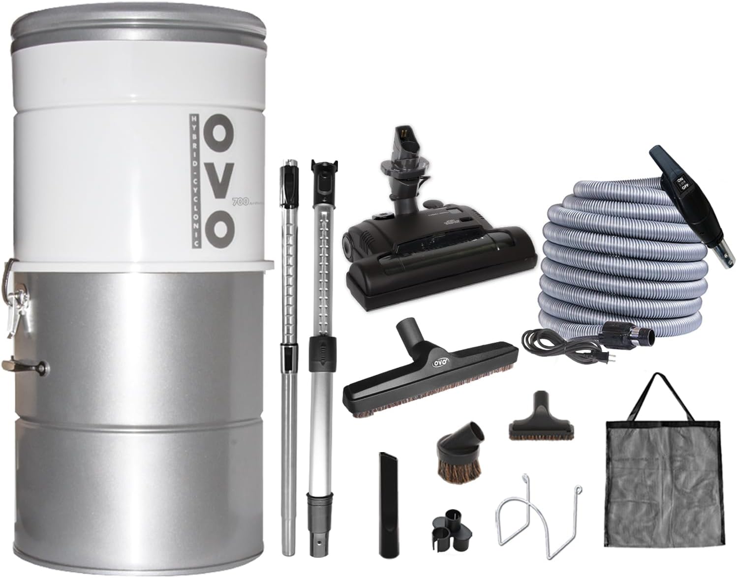 OVO Large and Powerful Central Vacuum System, Hybrid Filtration (with or Without Disposable Bags) 25L or 6.6 Gal, 700 Airwatts with 40 ft Carpet Deluxe Accessory Kit Included