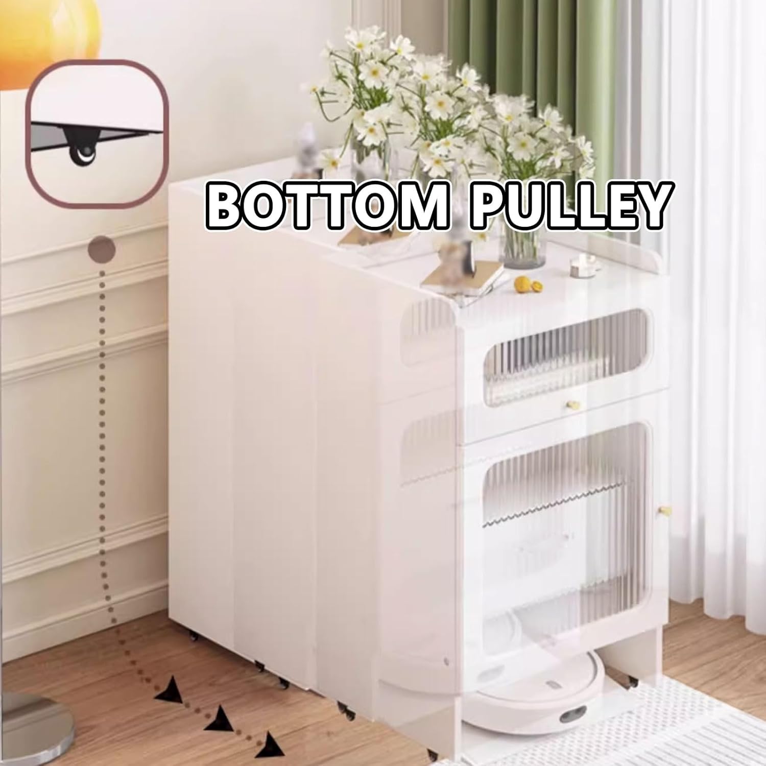 Storage Cabinet Movable Robot Vacuum Cabinet Solid Wood Particle Board and Glass Material with Wheels Hotel Apartment Sweeping Robot Organizer Shelf 3 Colors(Natural)