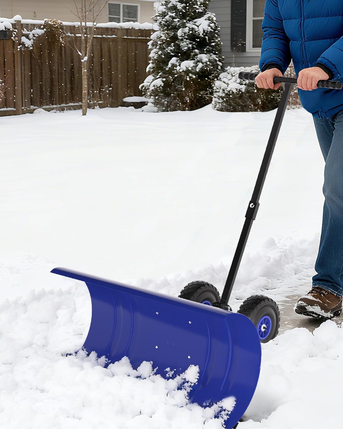 Snow Shovel with Wheels, Galvanized Blade Heavy Duty 2-Wheel Push Snow Plow, Single Bar with Adjustable Blade & Height, Back-Saving Design for Driveway, Sidewalk & Doorway