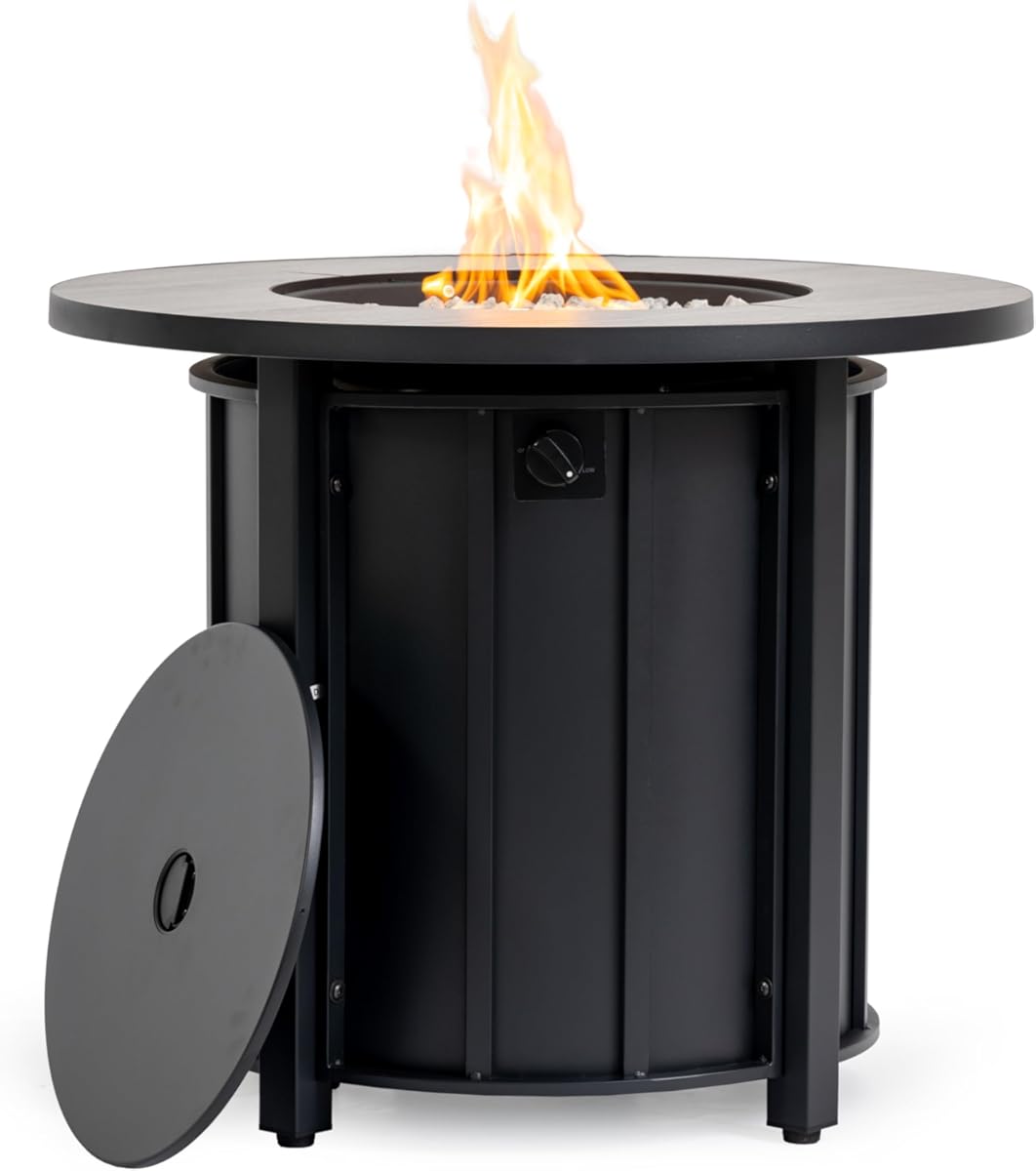 30 Inch Round Fire Pit Table with Wood Grain Ceramic Top, Black Steel Propane Fire Table Features 50,000 BTU Output and Weather-Resistant Design for Patio and Backyard Use