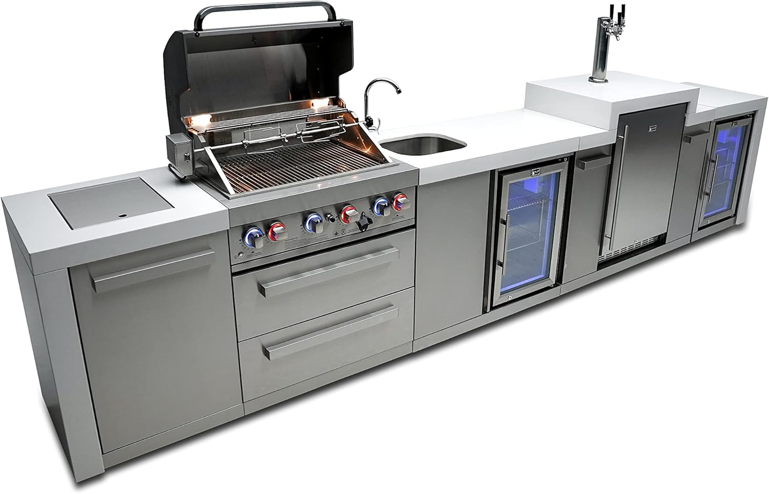 Mont Alpi MAi400-DKEGBEVFC 32-Inch 4-Burner 78000 BTU Deluxe Island Outdoor Kitchen Bar Gas Grill w/ 3 Beer Tap Kegerator Keg Dispenser + Wine Cooler Beverage Center Refrigerator & Granite Countertops