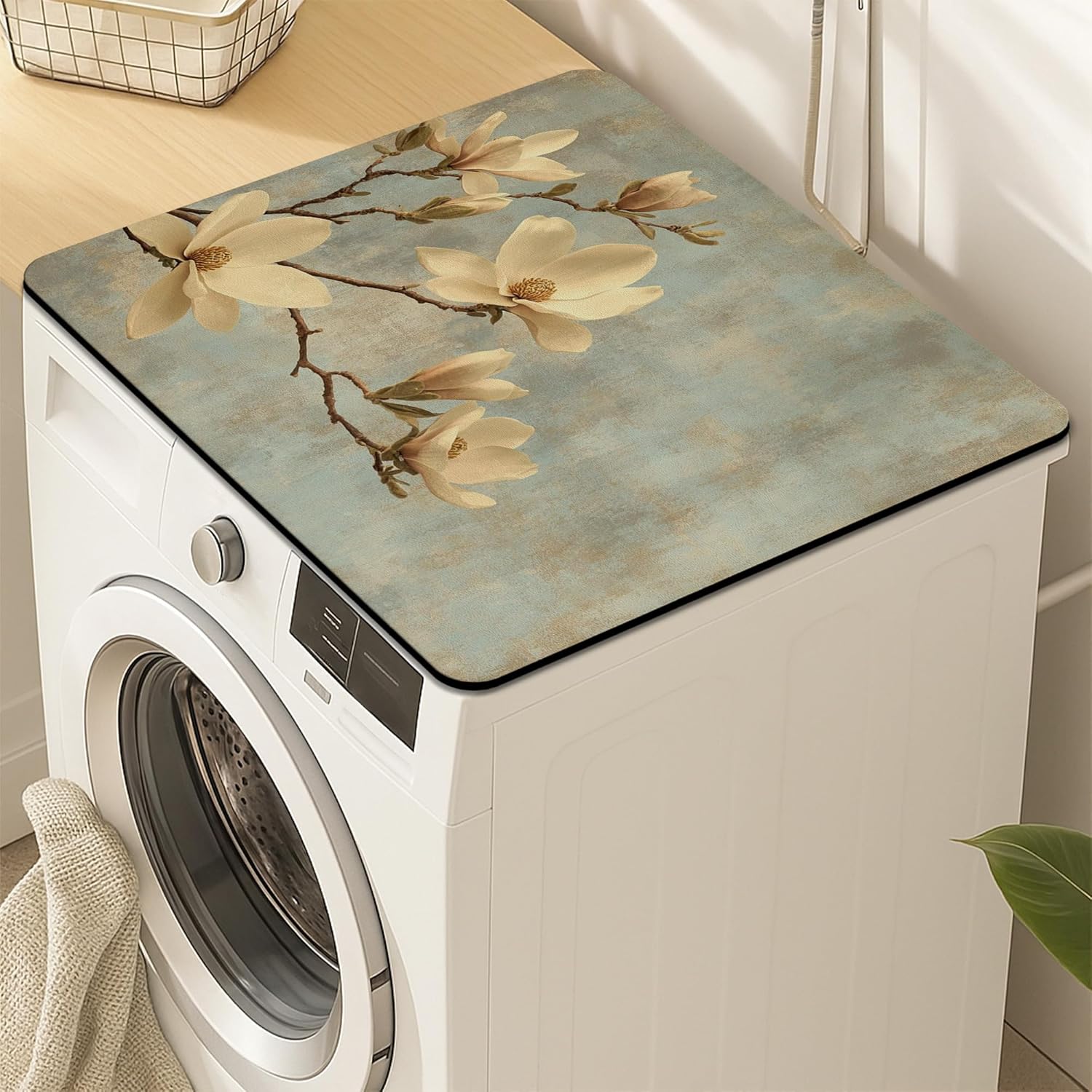 Magnolia Washer Dryer Top Protector Mat, Soft Vintage Blossom Laundry Machine Dust Covers, Spring Decor Rubber Anti-slip Waterproof Washers and Dryers Mats for Laundry Room 24x24 Inch