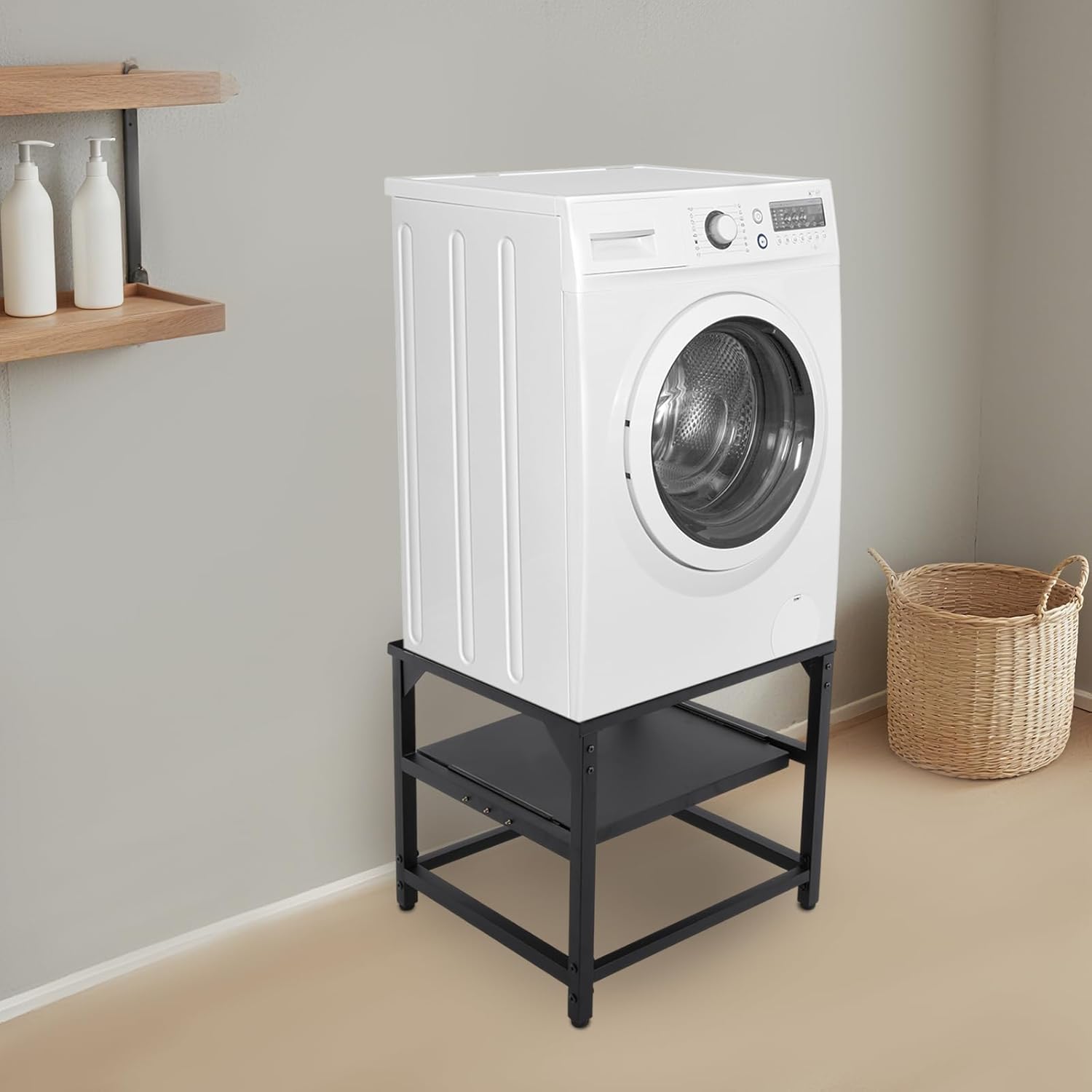 Washing Machine Pedestal Stand with Storage Shelf, 330lbs Heavy Duty Washer Dryer Base, Adjustable Laundry Appliance Riser with Leveling Feet, Anti-Vibration (Black)