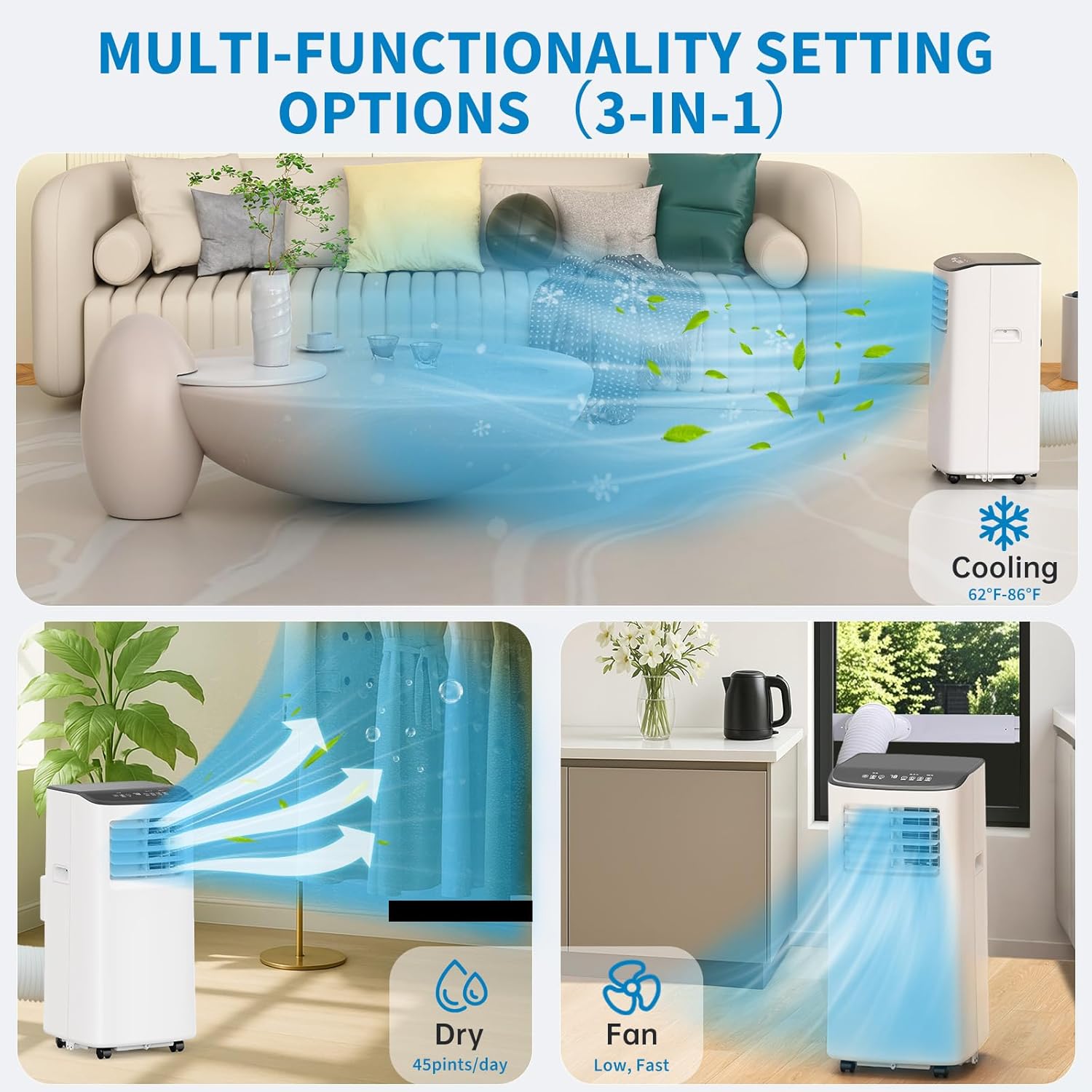 8,000 BTUs Portable Air Conditioner, 3-In-1 Room Air Conditioner with Fan & Dehumidifier Modes, Cools for 350 Sq.Ft, Remote Control & 24H Timer, Standing AC Conditioning for Bedroom, Office and Home