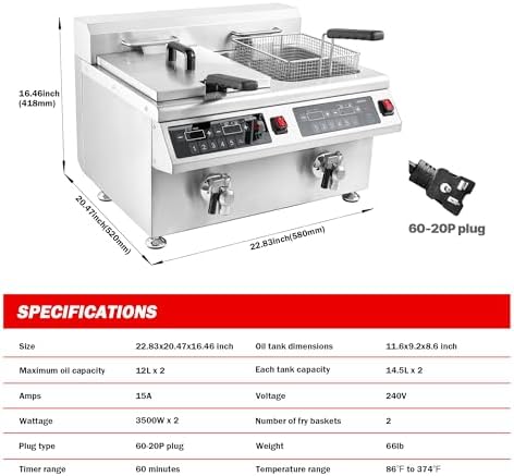 EGGKITPO 240V 7000W Commercial Induction Fryer 12L×2(25.4 QT) Electric Deep Fryer with Solid Baskets, 60 Minutes Timer Oil Drain Stainless Steel Bulid for Large Restaurant or Business Use
