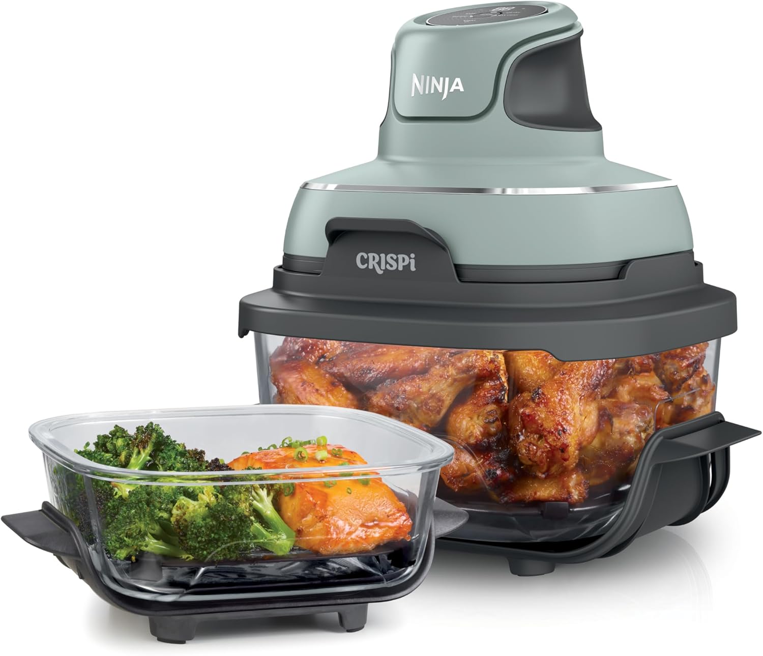 Ninja Crispi Air Fryer, Microwave, Freezer & Dishwasher Safe, Non Toxic Glass Portable Cooking System, 4 QT & 6 Cup Glass Containers with Storage Lids, Easy Meals, Air Fry, Bake, Green, FN101SG