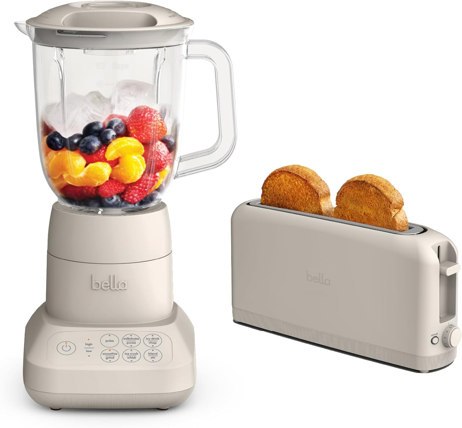 BELLA 10 speed Flip & Store Countertop Blender + 2 Slice Slim toaster, Fits-anywhere™ Kitchenware, Smart Toaster w 6 Shades Control & Smoothie Blender w 48oz Capacity Pitcher, Oatmilk