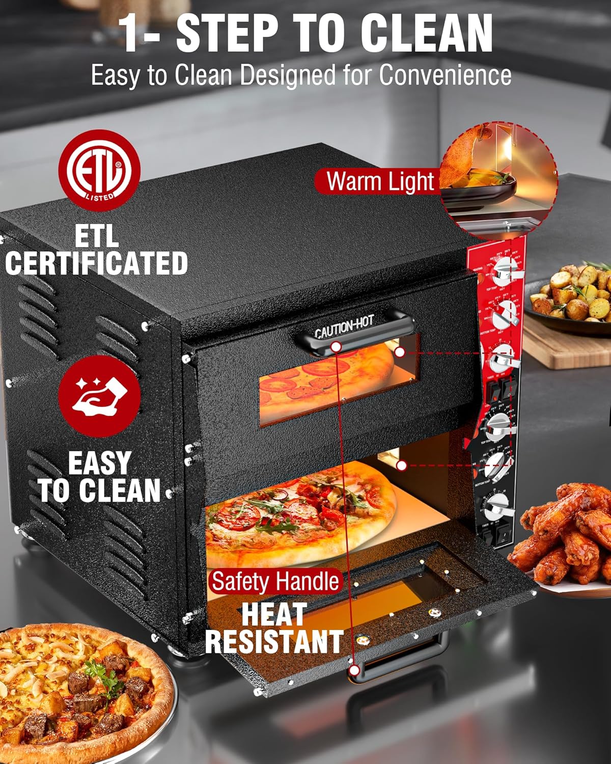 PYY Indoor 16in Pizza Oven - Double Decker Electric Pizza Ovens Countertop with Pizza Stone, 60-Min Ring Timer, for Home and Restaurant Commercial, 3200W, ETL Listed,Black