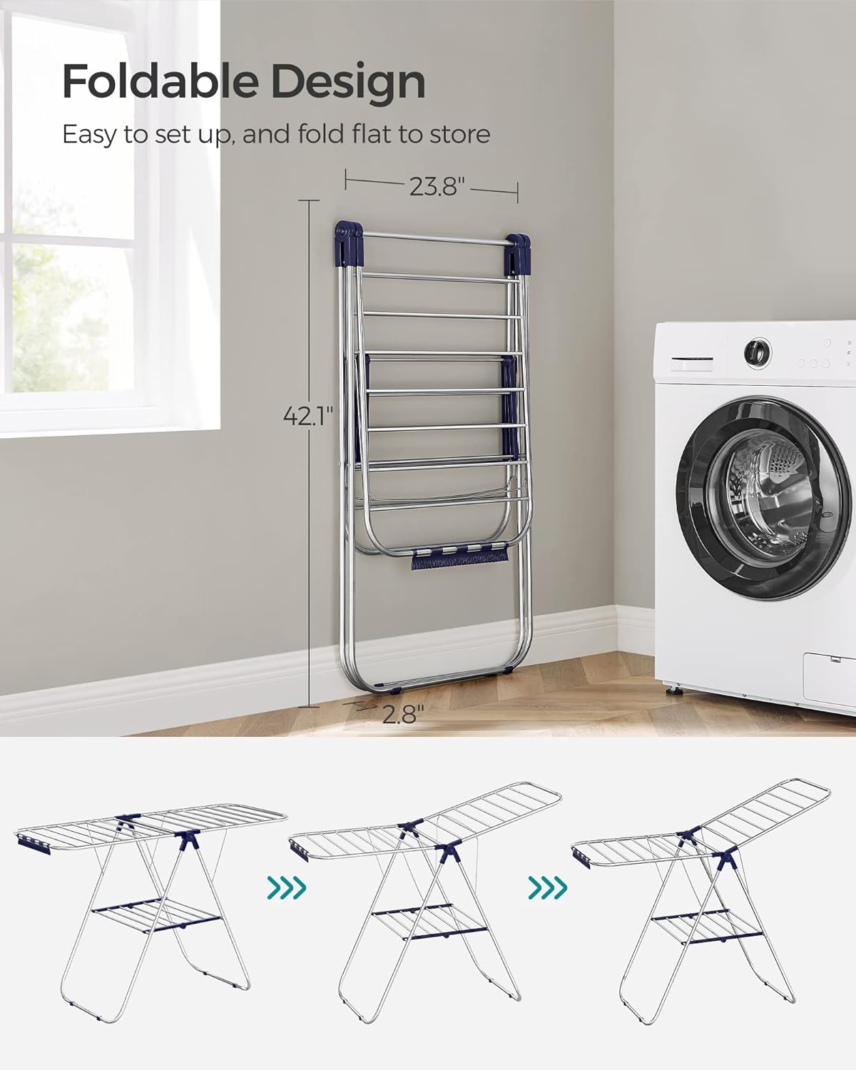 SONGMICS Clothes Drying Rack, with Sock Clips, Metal Laundry Rack, Foldable, Space-Saving, Free-Standing Airer, with 2 Height-Adjustable Gullwings, Indoor Outdoor Use, Silver and Blue ULLR52BU