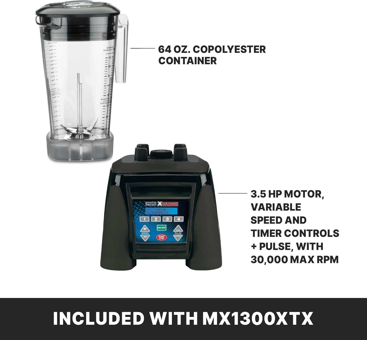 Waring Commercial MX1300XTX 3.5 HP Blender with 4 recipe programable LCD Display and a 64 oz. BPA Free Copolyester Container, 120V, 5-15 Phase Plug