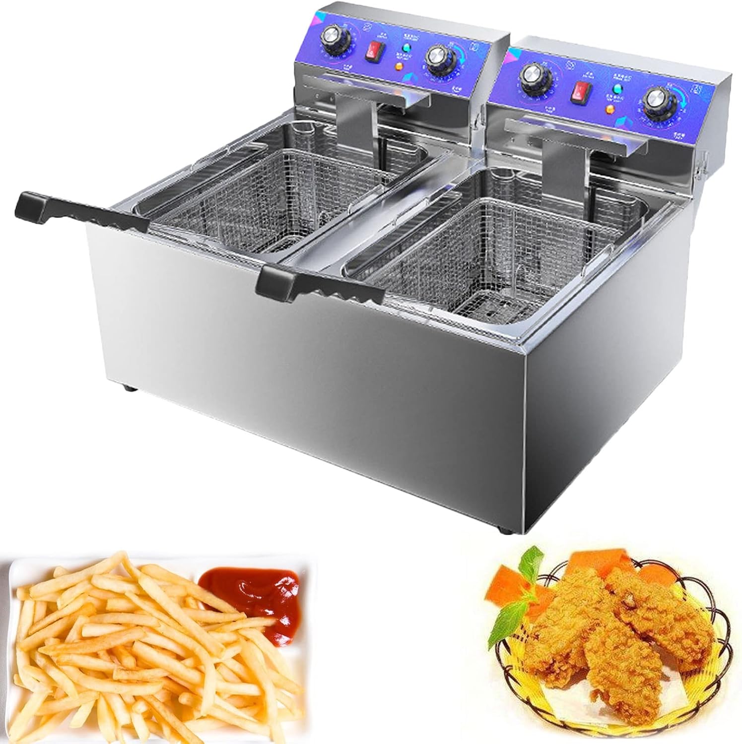 Deep Fryer Stainless Steel Tank Chip Fryer for Home Commercial, Fat Fryer with Removable Basket and Professional Heating Element, Large Electric Fryer for French Fries Chicken Shrimp,38l