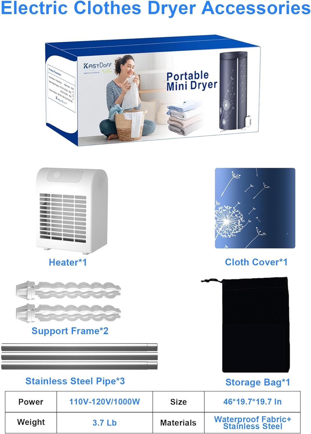 Portable Dryer, 46Inch-1000W Portable Clothes Dryer for Apartments, Portable Dryers Machine with Storage Bag, Mini Clothes Dryers for Travel, Home, RVs