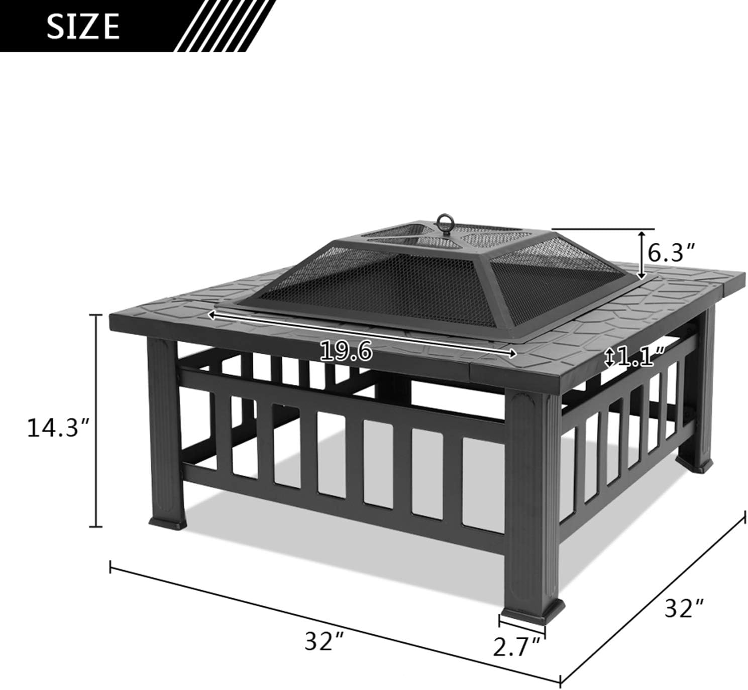 32 Inch Square Outdoor Iron Fire Pit, Wood Burning Fireplace for Patio Backyard Poolside Garden w/Spark Screen Cover, Log Grate, Poker