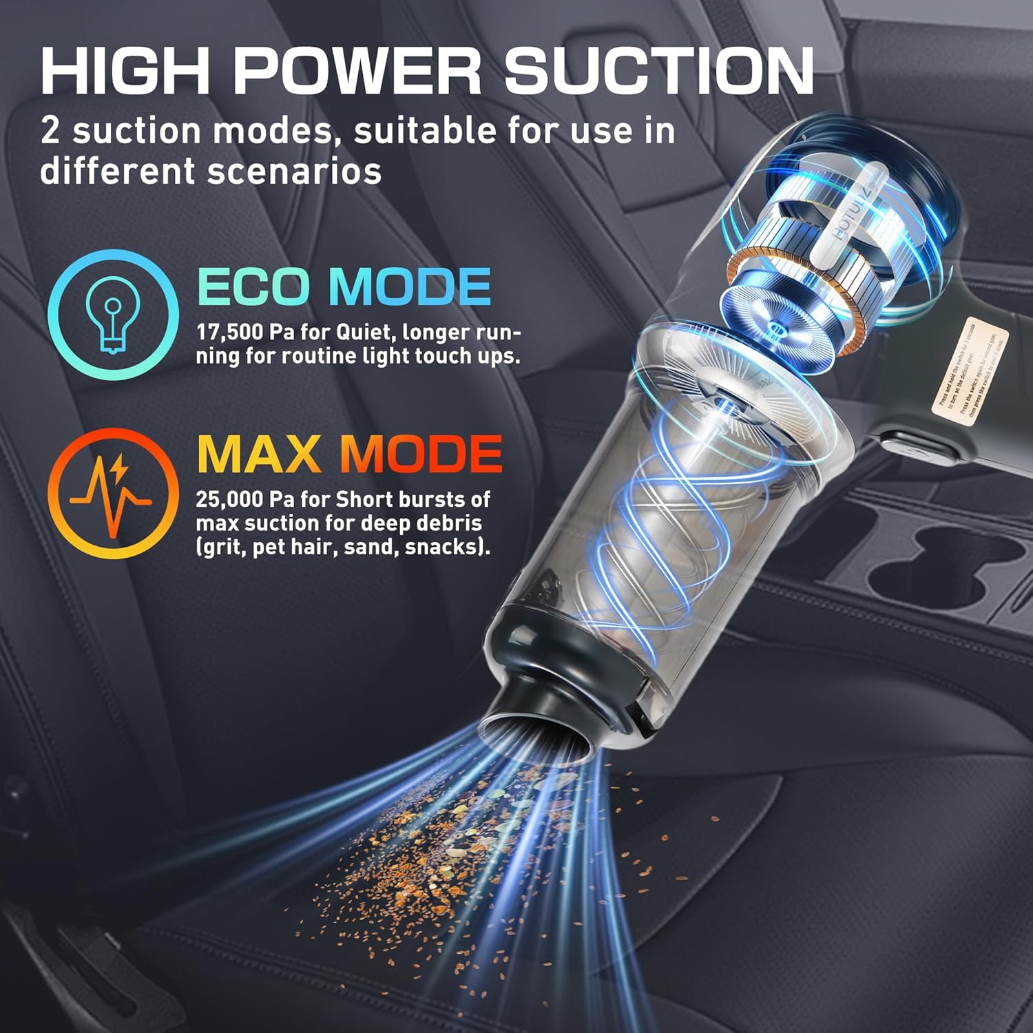 Portable Cordless Car Vacuum, 17.5KPa/25KPa High-Suction Handheld Rechargeable Mini Vac for Seats, Floor Mats, Pet Hair & Tight Crevices