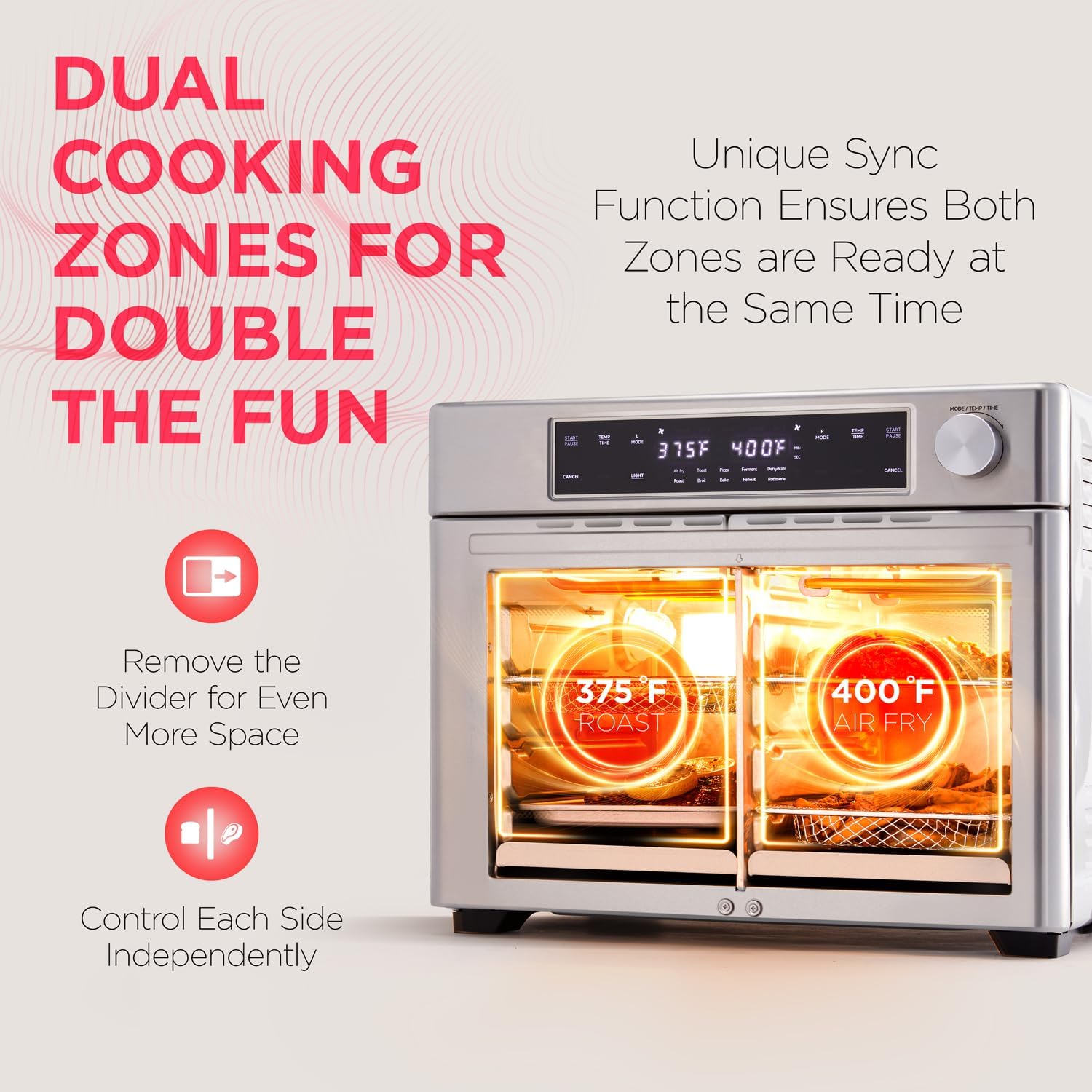 Ivation Dual Zone Air Fryer French Door Oven - 32 Quatity Convection Toaster Combo, 10-in-1 Multifunction Up to 450° - 1800W - Temperature Control, Timer - Stainless Steel - Dehydrate, Bake, Roast