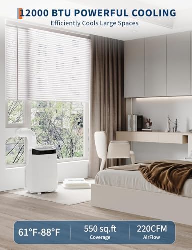 12,000 BTU Portable Air Conditioner – Smart AC Units 3-in-1 Cooling, Dehumidifier & Fan Quiet 48dB Operation, Remote Control, 24H Timer for Rooms up to 550 sq.ft for Bedroom Living Rooms