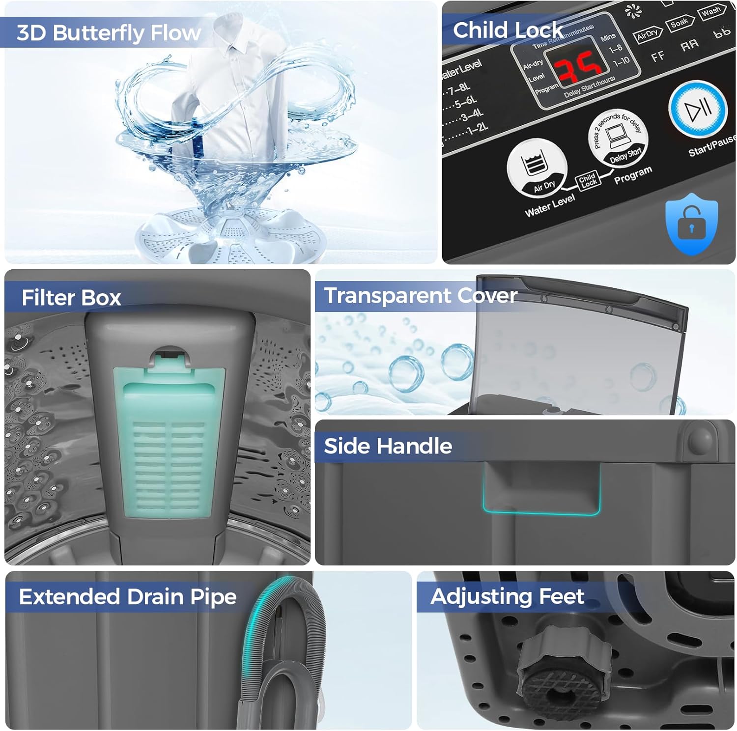 Nictemaw Portable Washing Machine 20Lbs Portable Washer with Drain Pump, 2.8 Cu.ft Compact Washer Machine with 10 Programs 8 Water Levels Compact Laundry Machine for Apartment, Home, Dorms, Rv