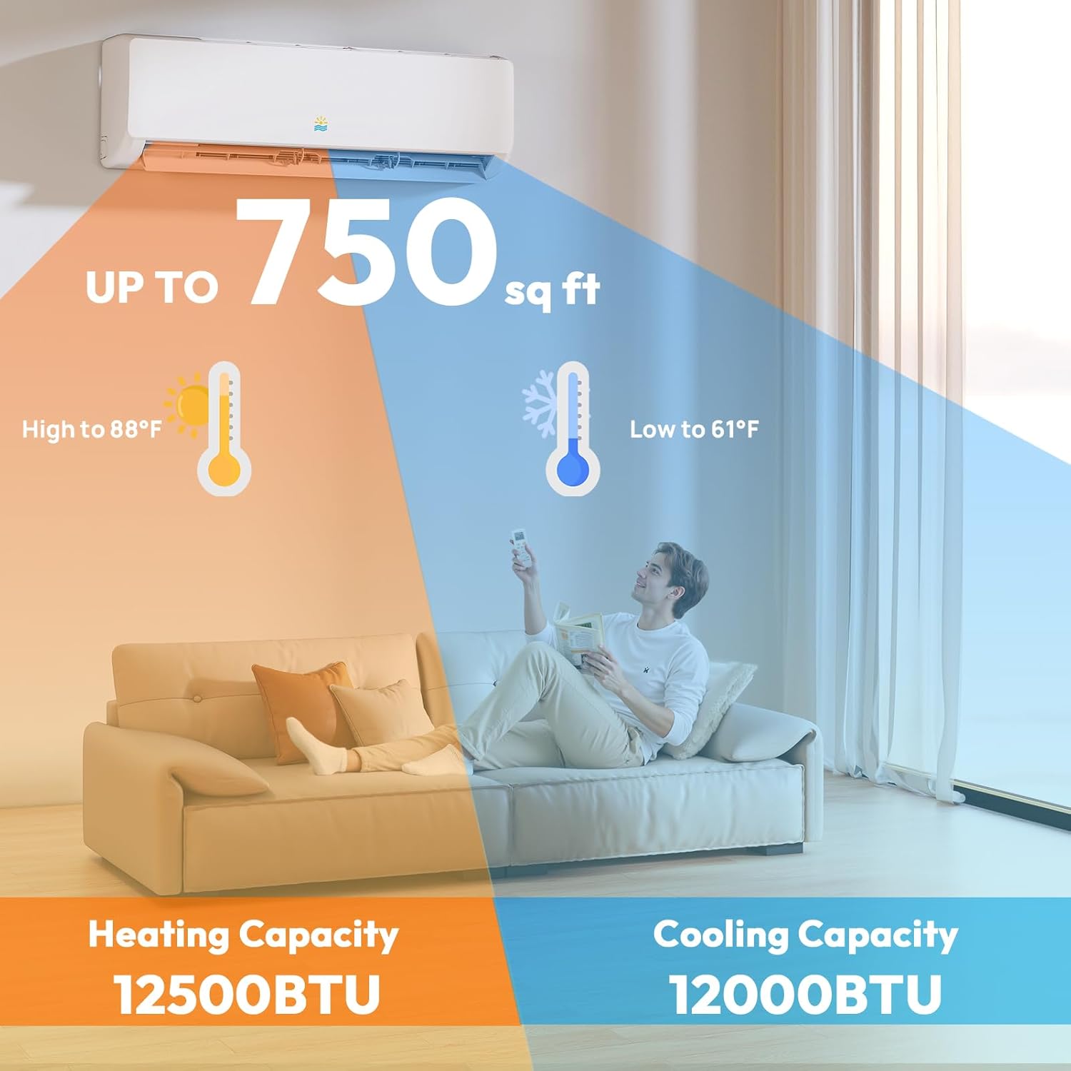 12000 BTU Mini Split Ac/Heating System, 19 SEER2 115V Air Conditioner Inverter Heating and Cooling, Wall Mounted Ductless ac split units Cools Up to 750sq.ft, 24H Timer, Installation Kit