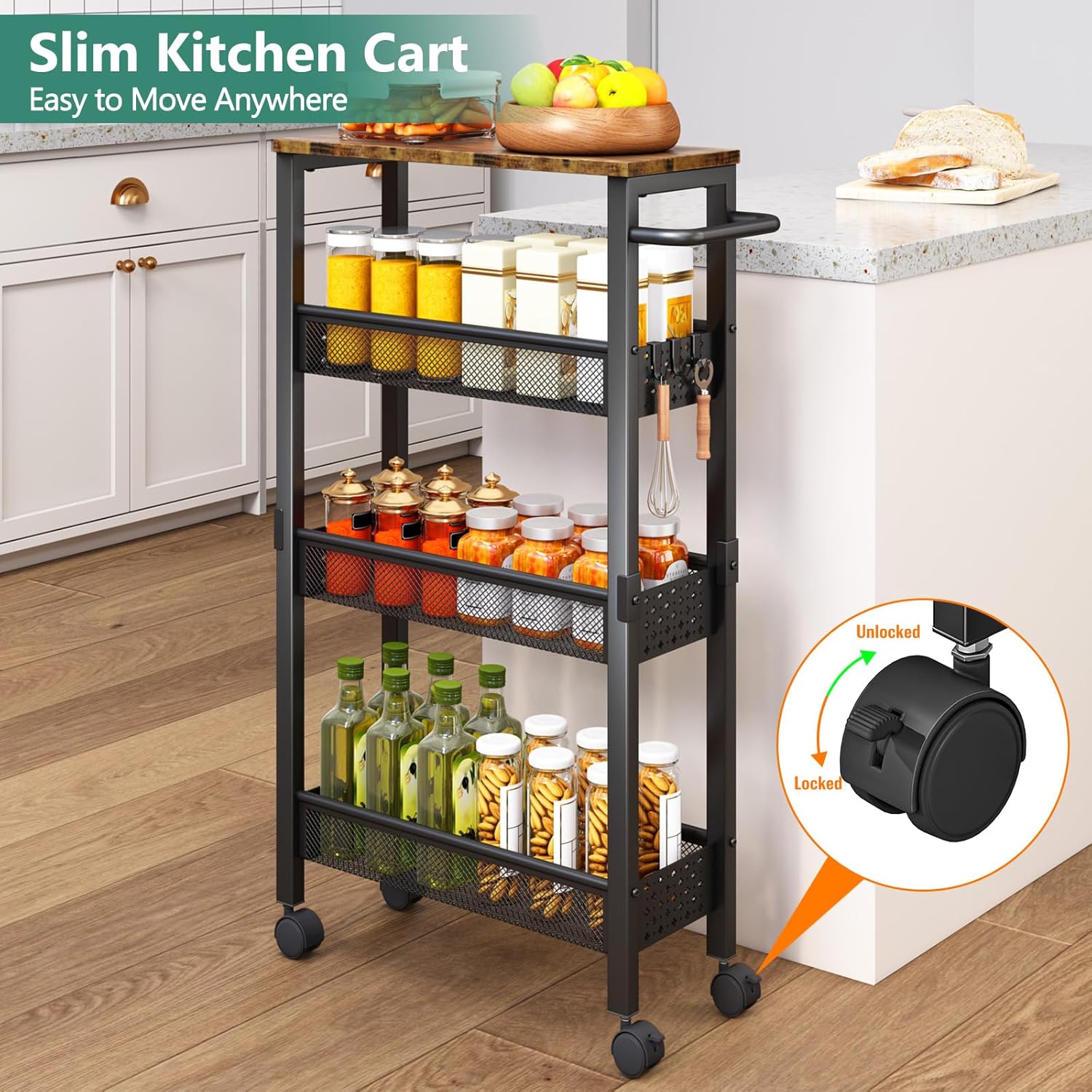 Utility Slim Storage Cart with Wheels, 4 Tier Small Rolling Cart with Wood Top, Metal Kitchen Bathroom Laundry Room Organization Trolley with Handle for Narrow Space – Black