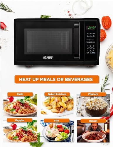 COMMERCIAL CHEF 0.9 Cubic Foot Microwave with 10 Power Levels, Small Microwave with Grip Handle, 900W Countertop Microwave with Digital Display, Door Lock and Kitchen Timer, Black