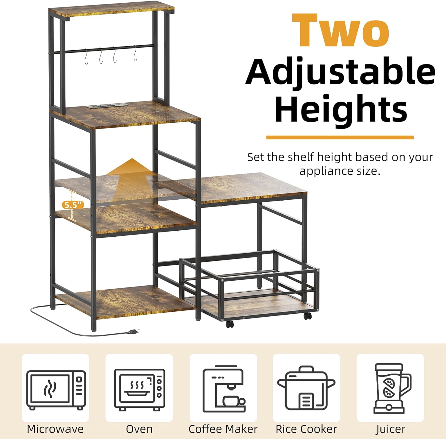 Mini Fridge with Microwave Stand, Coffee Bar Station with Storage, Bakers Rack with Power Outlet, Movable Basket, Adjustable Oven Shelf, Small Refrigerator Organizer for Dorm, Kitchen, Office