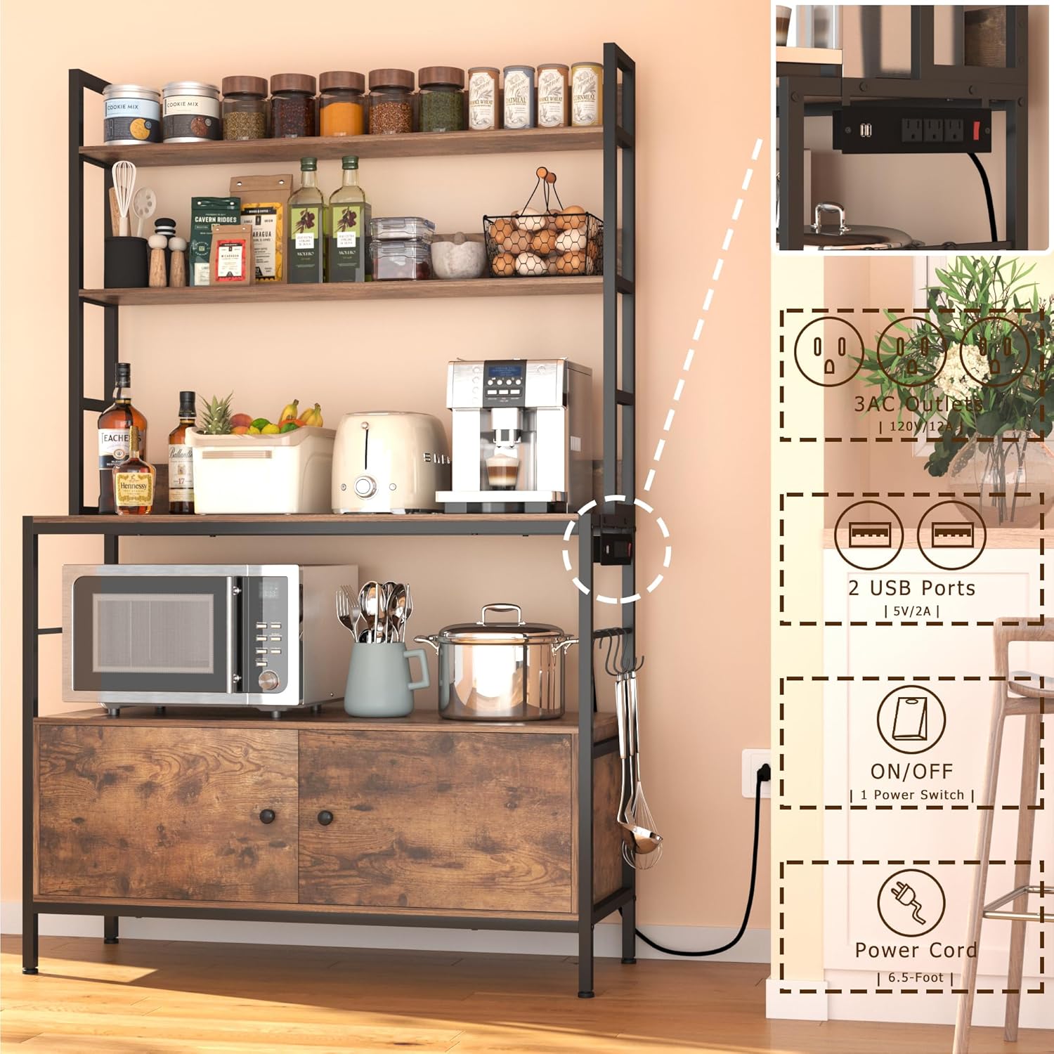 5-Tier Kitchen Baker’s Rack with Power Outlet,Large Bakers Rack with Storage Cabinet, Heavy Duty Oven Stand Microwave ,Free Standing Kitchen Utility Shelf with Storage,Shelf Organizer with Hooks