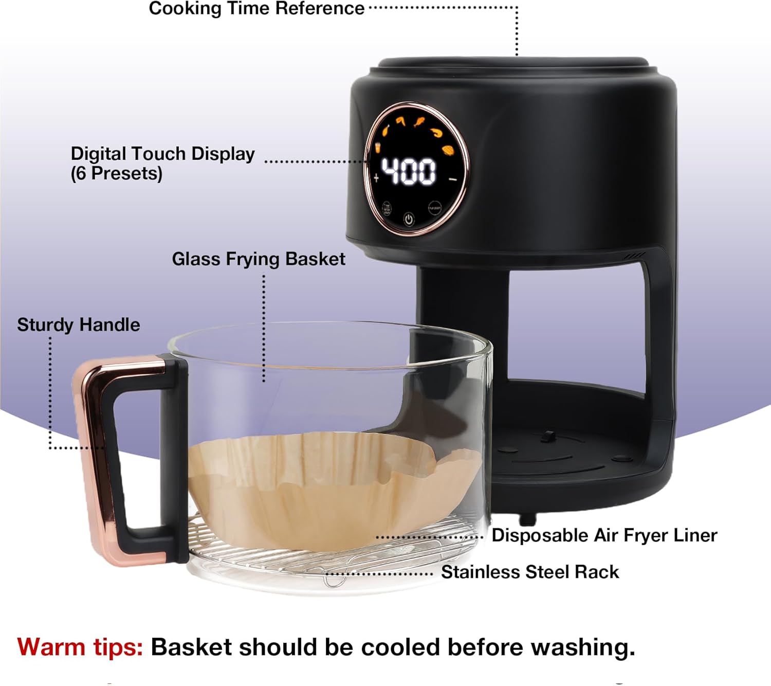 4.7QT Glass Air Fryer, 360° Viewable Glass Air Fryer Non Toxic, 6-IN-1 Preset Cook Modes, Digital Display, Adjustable Temp 100F - 400F, Nonstick, Dishwasher Safe, Black