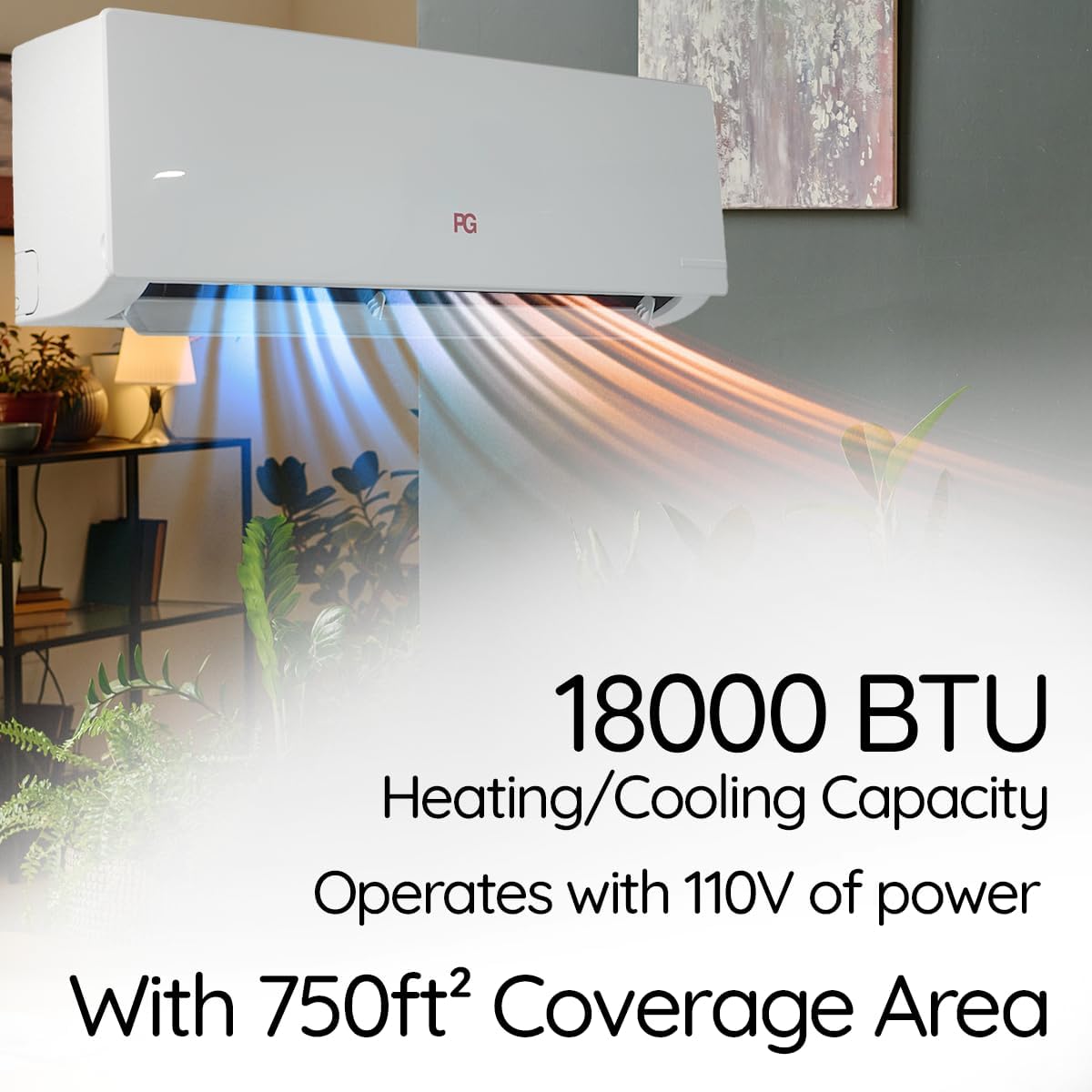 PG Mini Split Air Conditioner Heat Pump System, 18,000 BTU, 17 SEER Energy Efficient, Quiet Operation, Indoor & Outdoor Units, 110V, Wi-Fi Smart Control, R-32 Refrigerant