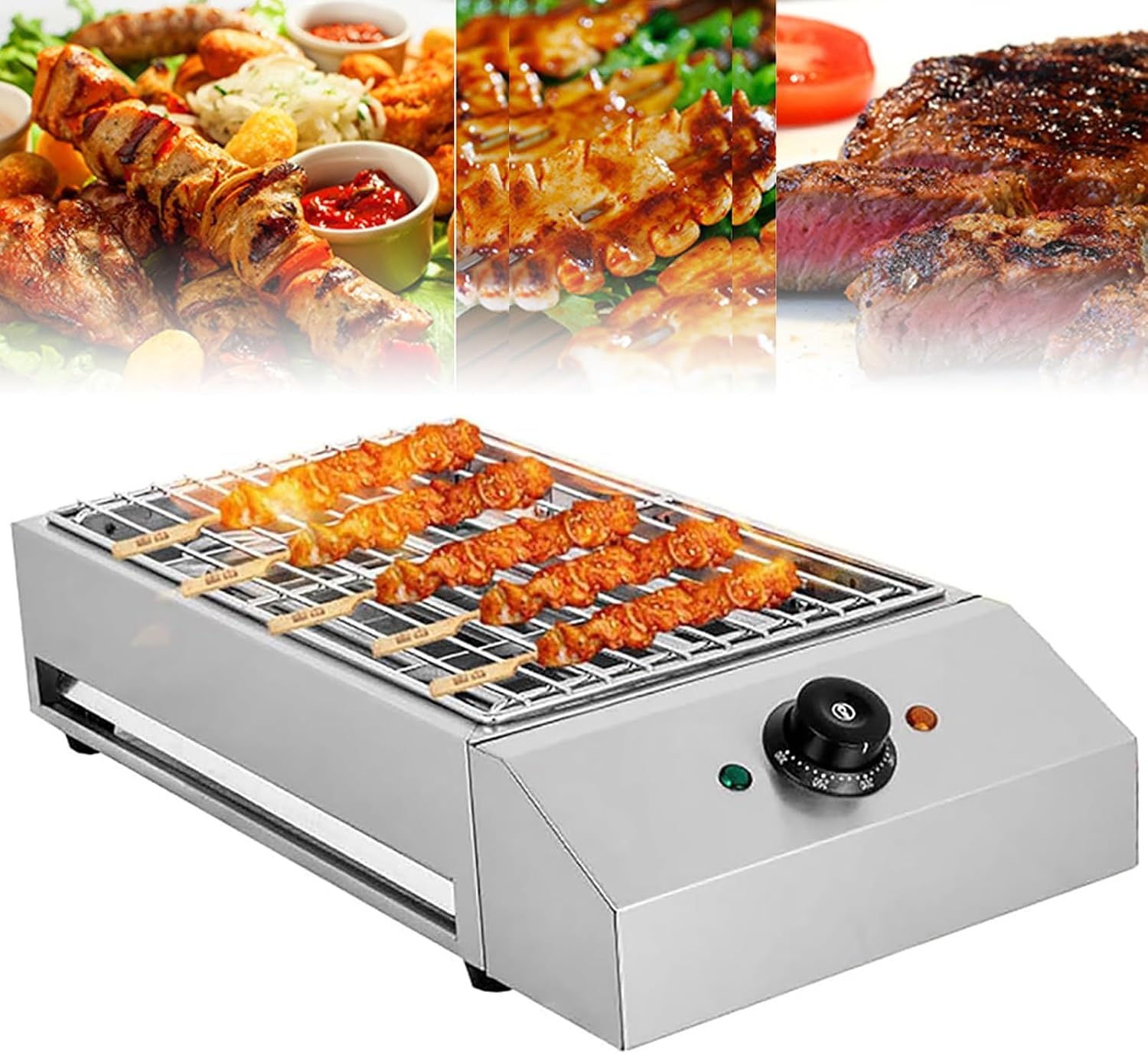 Portable Smokeless BBQ Grill Kebab Machine, 2600W Electric Heating Tube Seafood Meat BBQ Grill Machine, Temperature Control, Countertop Stainless Steel BBQ Griddle with Drip Tray for Garden Party