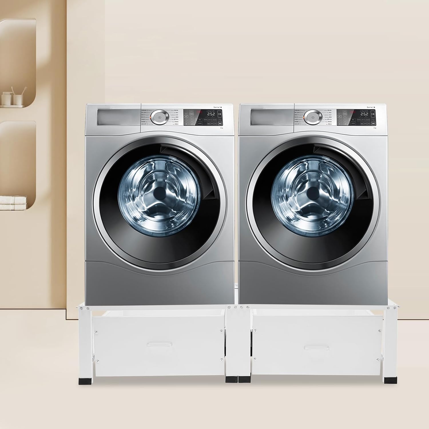 46'' 2 Pack Washer Dryer Pedestal with Drawer, Laundry Pedestals for Washer and Dryer Stand, Appliance Elevation Base, Heavy Duty Steel Appliance Stand, 440lbs Capacity 21'' Height White