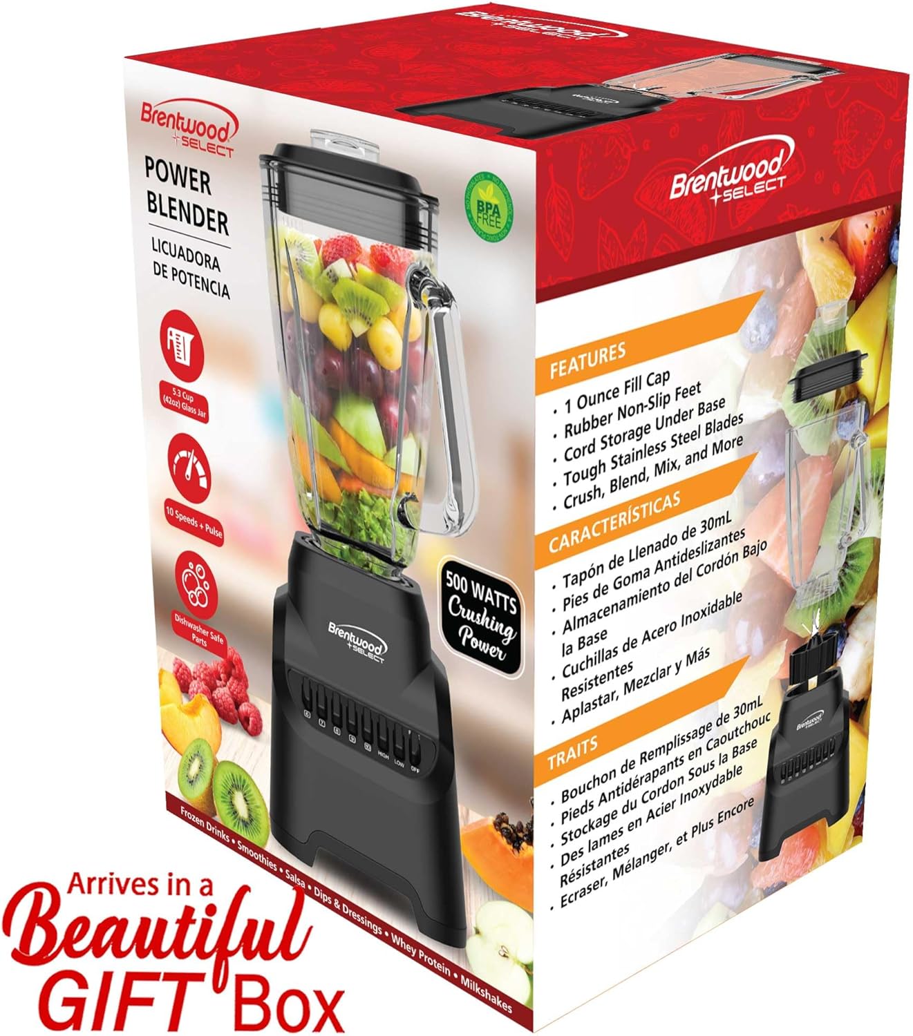 Brentwood Select JB-500BK 10-Speed Countertop Blender with Pulse Button, 5.3-Cup Glass Jar, Stainless Steel Blades, Non-Slip Base, Dishwasher-Safe Parts, Black