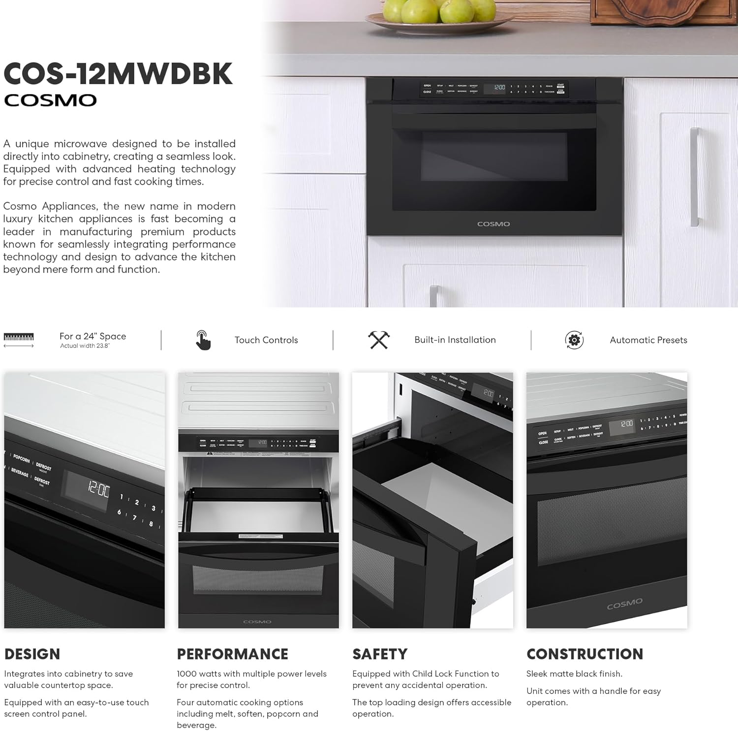 Cosmo COS-12MWDBK 24 in. Haven Collection 1.2 cu. ft. Built-in Microwave Drawer, 1000W, Touch Controls, Defrosting Rack in Matte Black