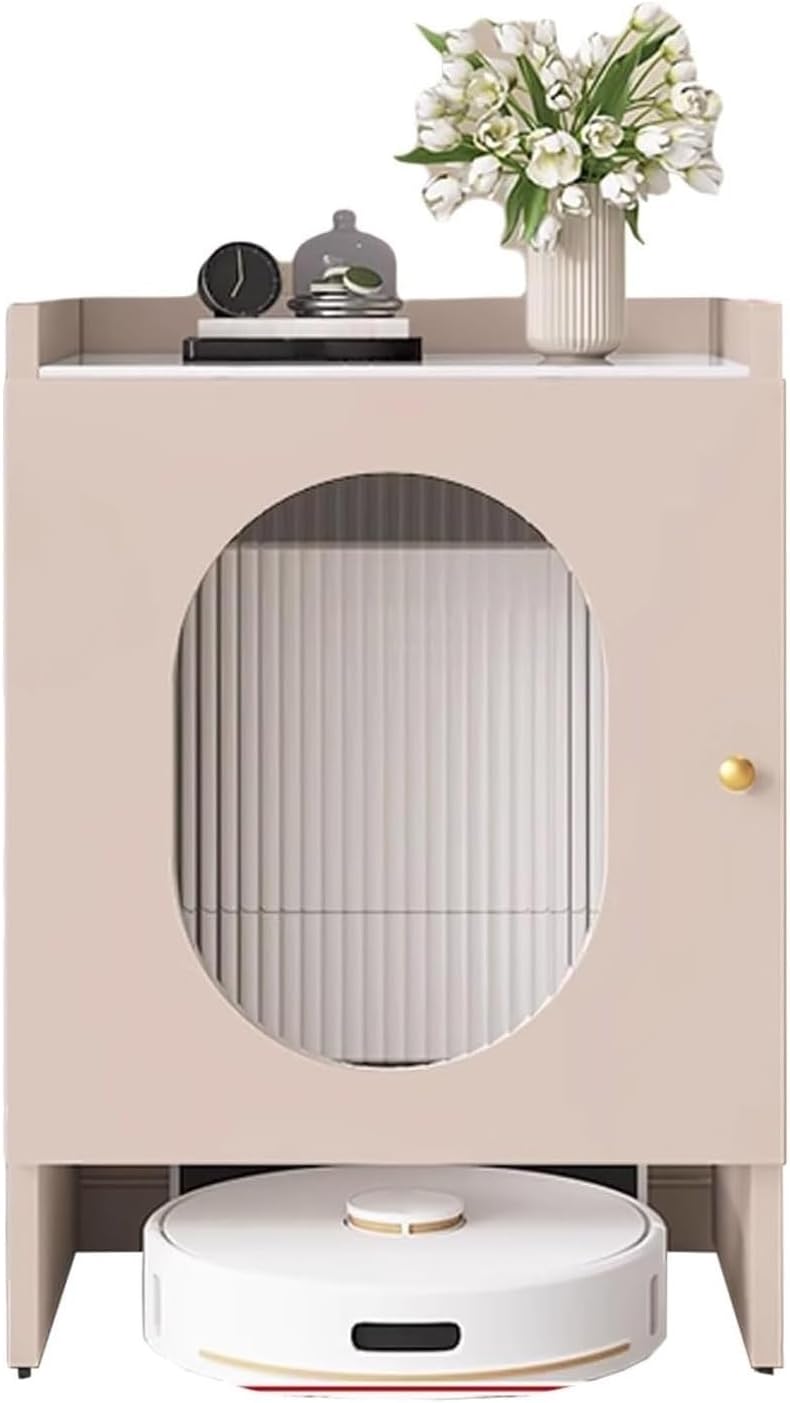 Robot Vacuum Stand Cabinet, Hidden Cabinet for Sweeping Robots, Robot Vacuum Storage Cabinet with Wheels, Side Table with Drawer and Doors(Champagne,19.6x15.7x29.5'')