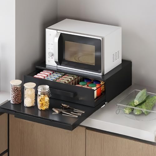 Countertop Microwave Rack with Storage, Adjustable Kitchen Stand for Oven, Rice Cooker & Small Appliances Organizer(Black)