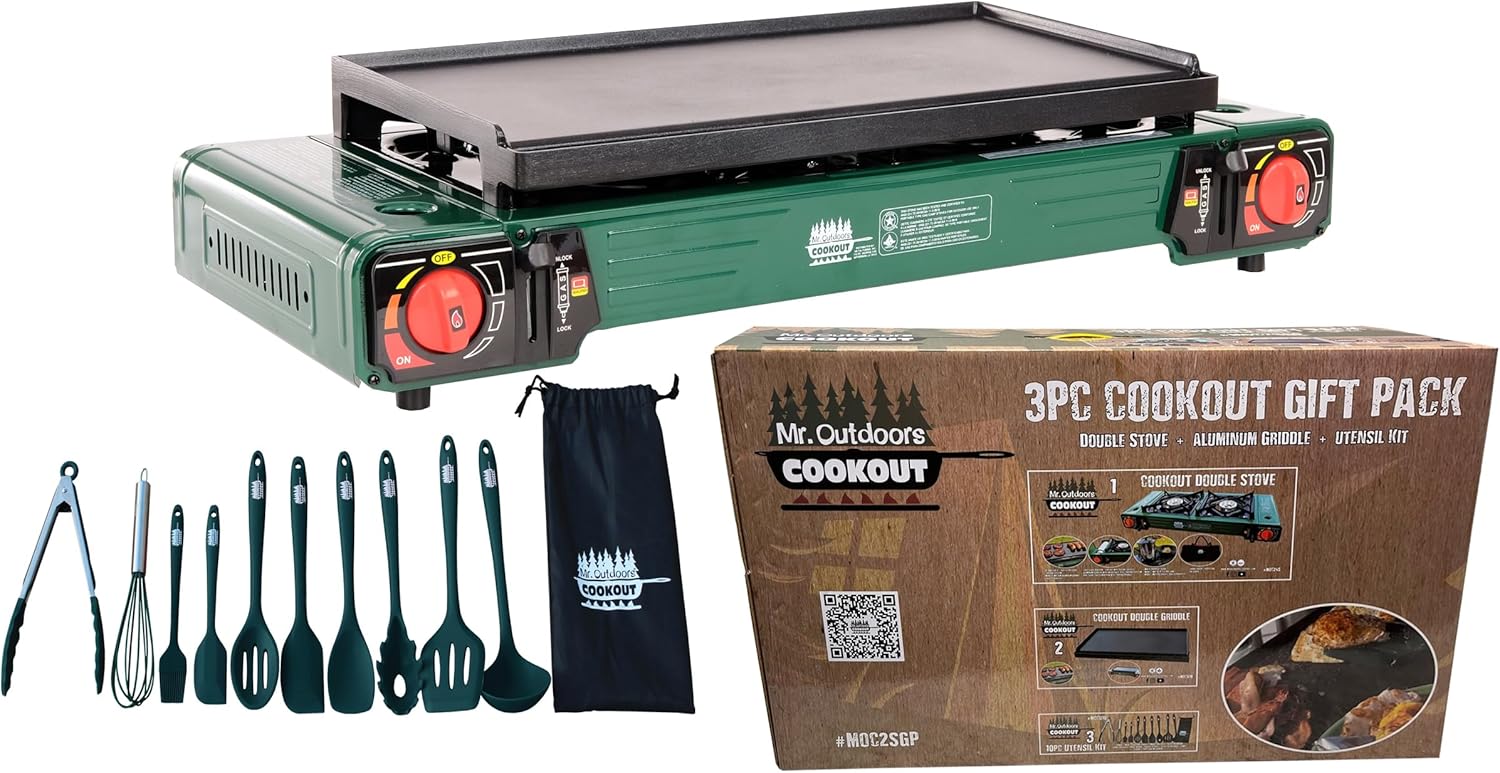 Mr. Outdoors Cookout Double Butane Stove with Carry Bag, 18 inch Aluminum Griddle, 10 piece Silicone Coated Utensil Set