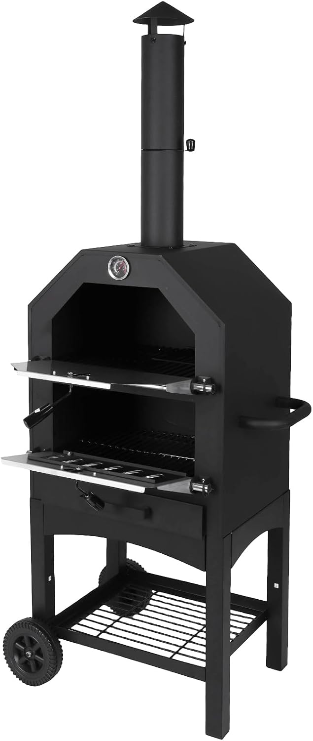 2-Tier Outdoor Pizza Oven, Charcoal Wood Fired Oven with Pizza Stone & Peel, Portable Freestanding BBQ Grill with Thermometer for Backyard, Patio, Camping