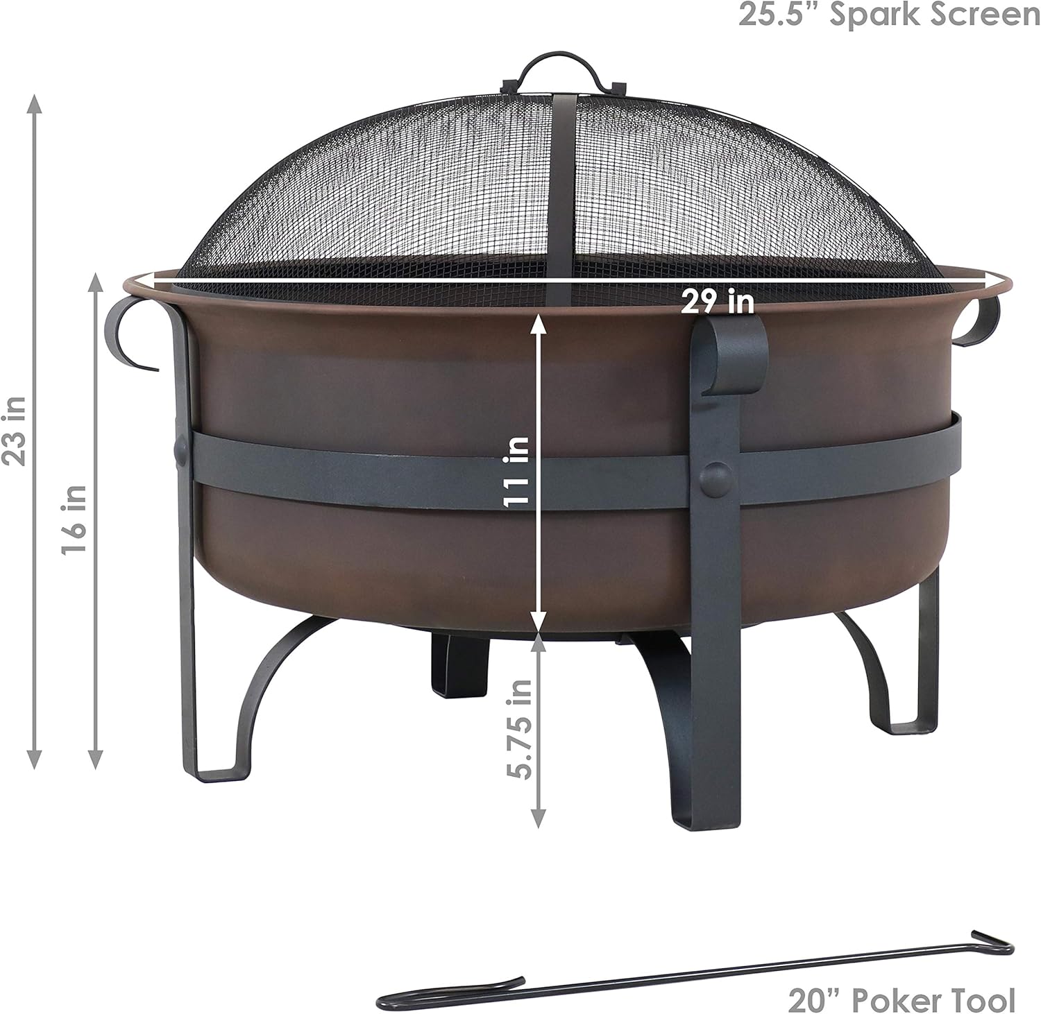 Sunnydaze 29-Inch Wood-Burning Outdoor Fire Pit - Bronze Cauldron Wood Fire Pit for Outside - Includes Poker and Spark Screen