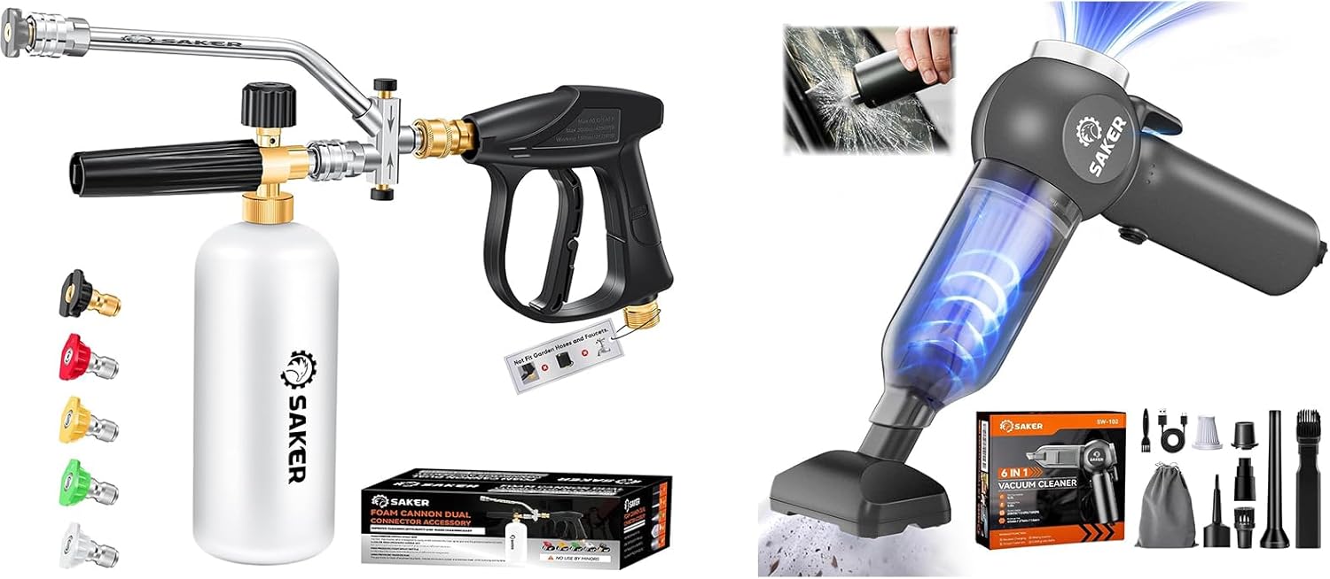 Saker Portable Car Vacuum Cordless 20000Pa Foam Cannon Dual Connector Accessory for Pressure Washer Kit