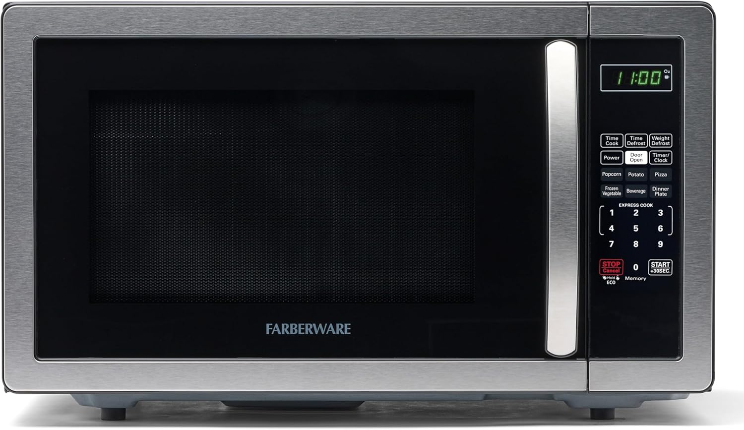 Farberware 1.1 Cu. Ft. Countertop Microwave Oven – 1000 Watts Power, Auto Cook Settings, Defrost, Easy Clean and Child Safety Lock - Stainless